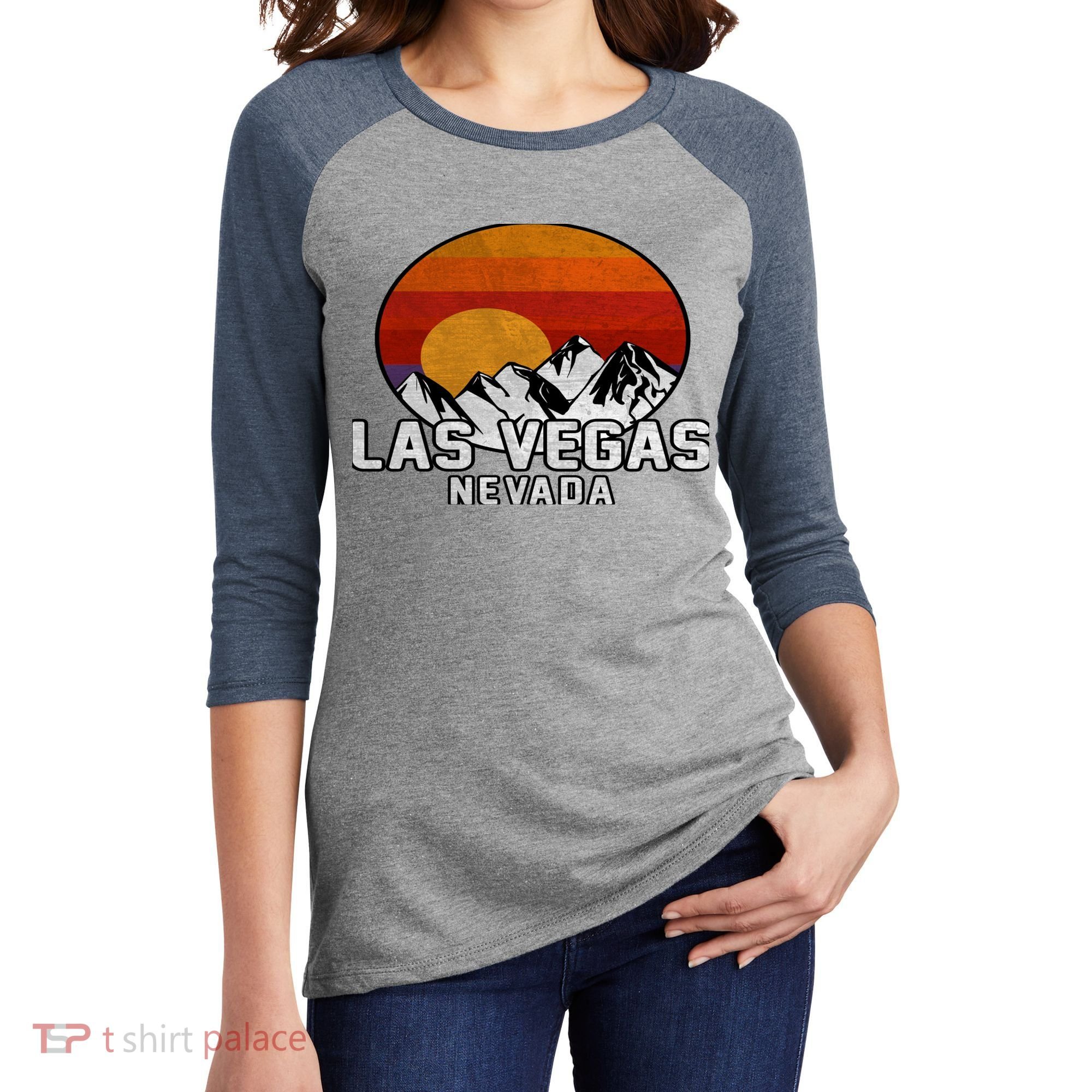 Las Vegas Nevada Retro Mountain Sunset Women's Tri-Blend 3/4-Sleeve Raglan Shirt
