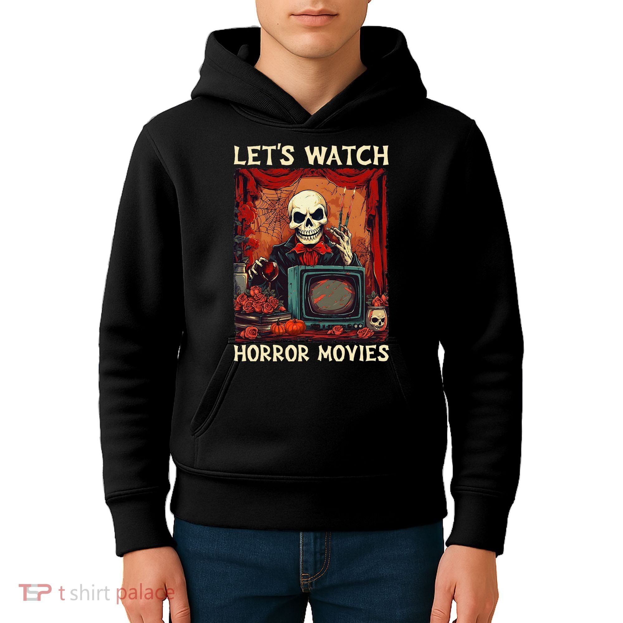 Lets Watch Horror Movies Gothic Halloween Skeleton Kids Hoodie