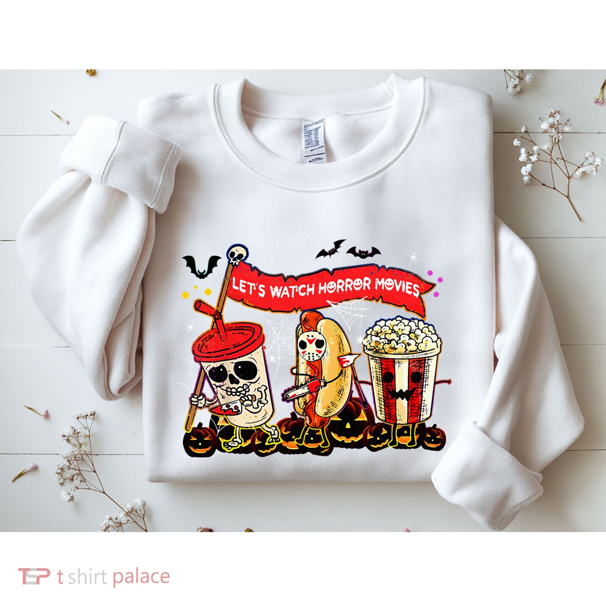 Lets Watch Horror Movies Halloween Funny Ghost Skeleton Sweatshirt