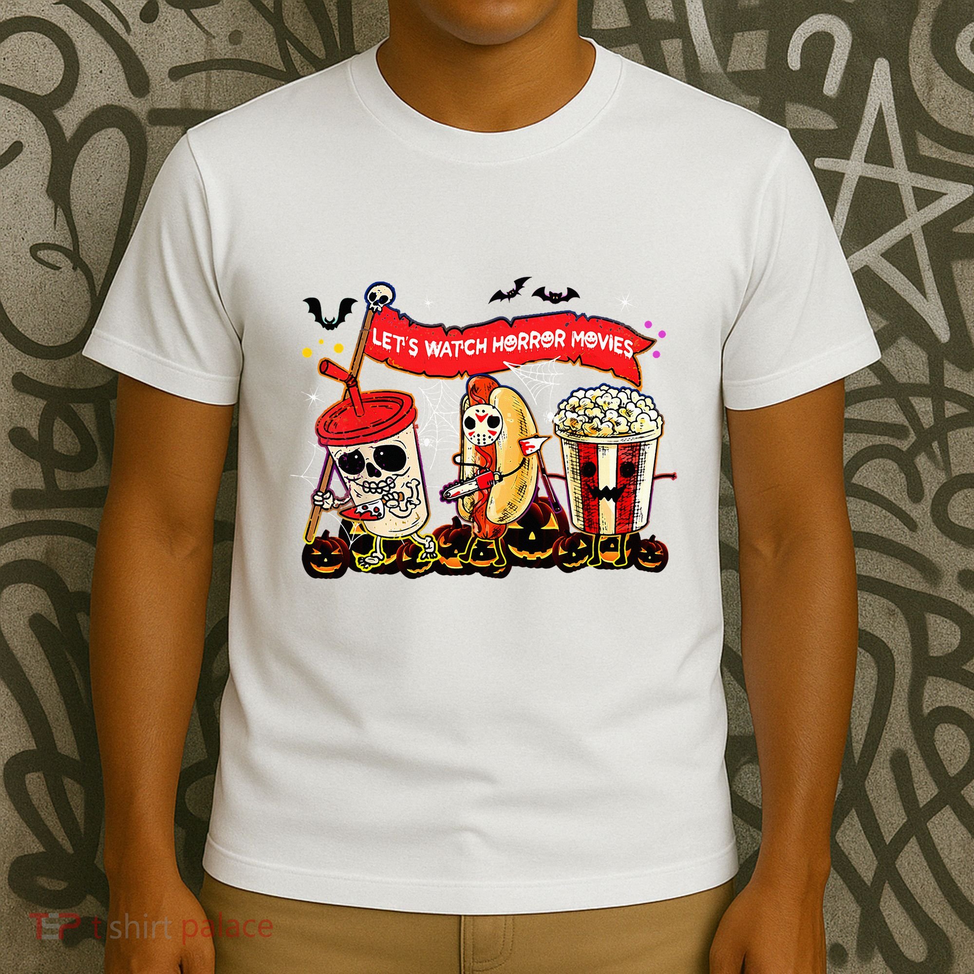 Lets Watch Horror Movies Halloween Funny Ghost Skeleton T-Shirt