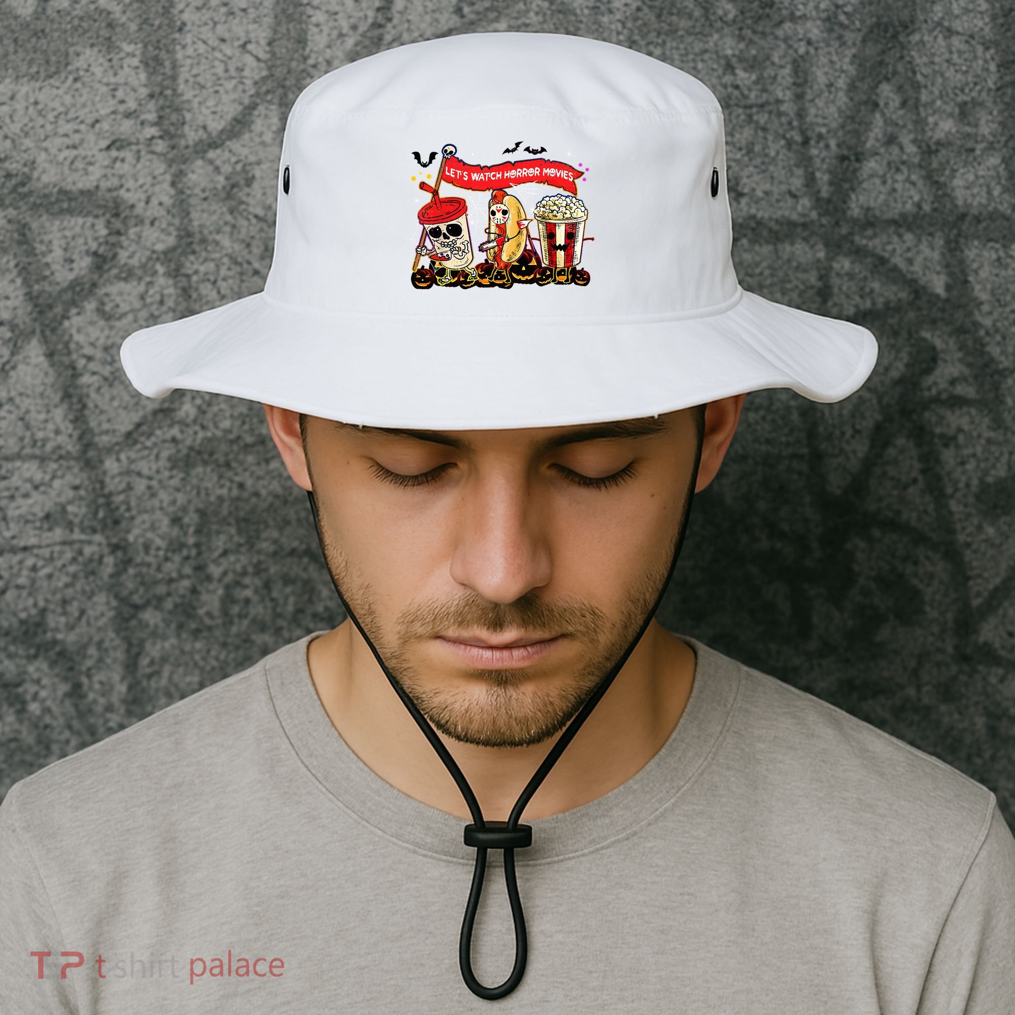 Lets Watch Horror Movies Halloween Funny Ghost Skeleton Bucket Hat