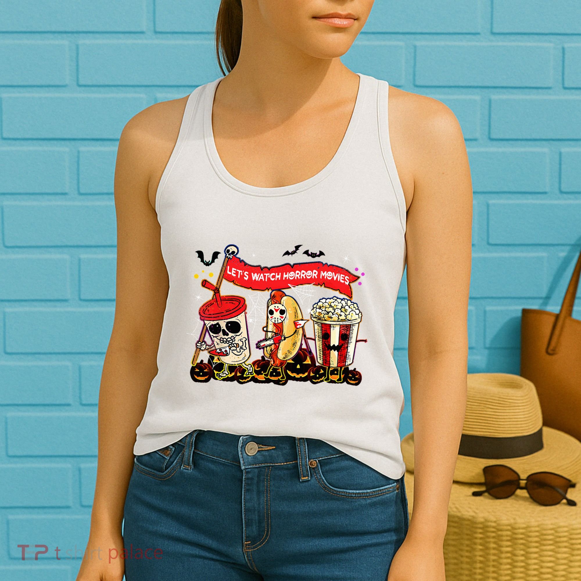 Lets Watch Horror Movies Halloween Funny Ghost Skeleton Women's Tank Top
