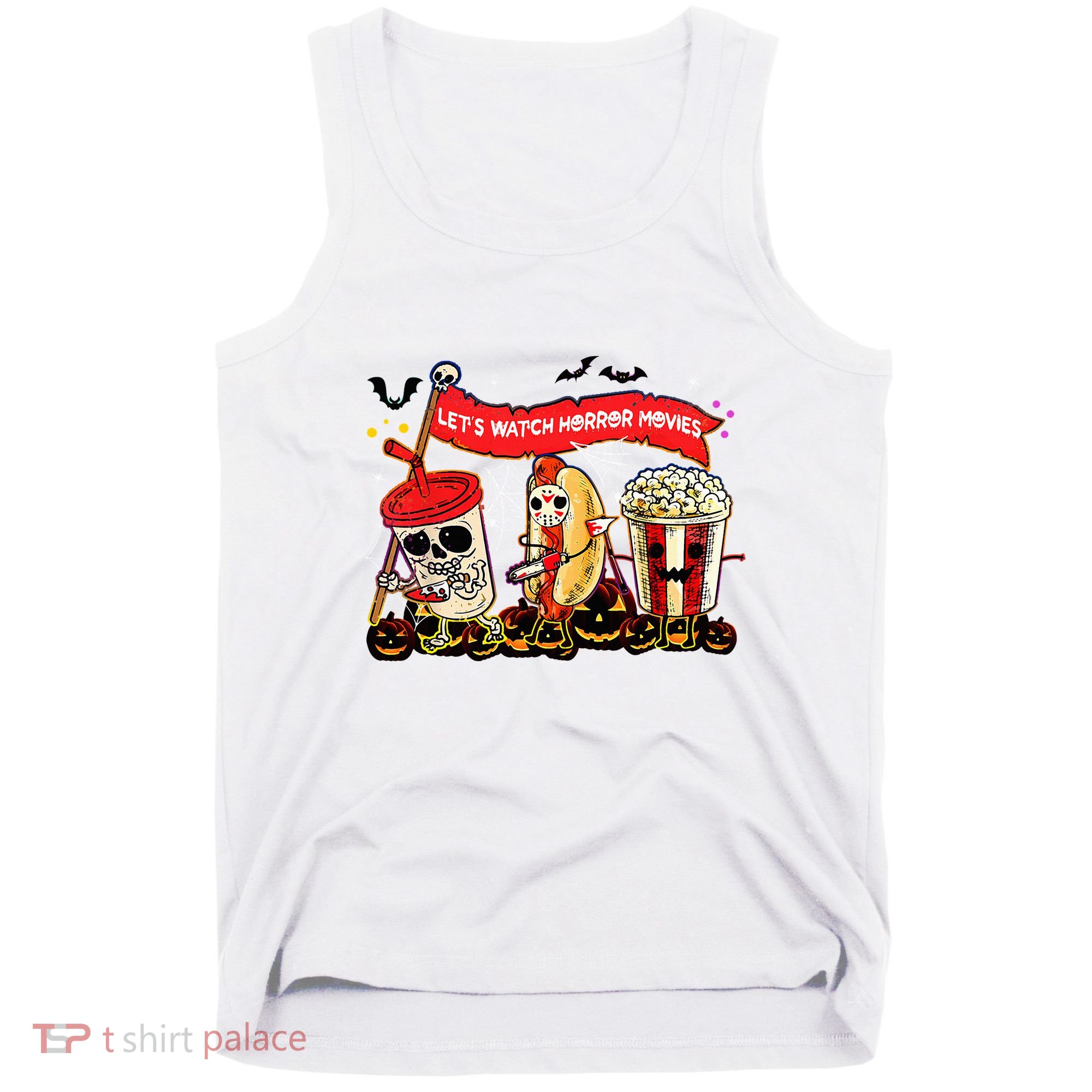 Lets Watch Horror Movies Halloween Funny Ghost Skeleton Tank Top