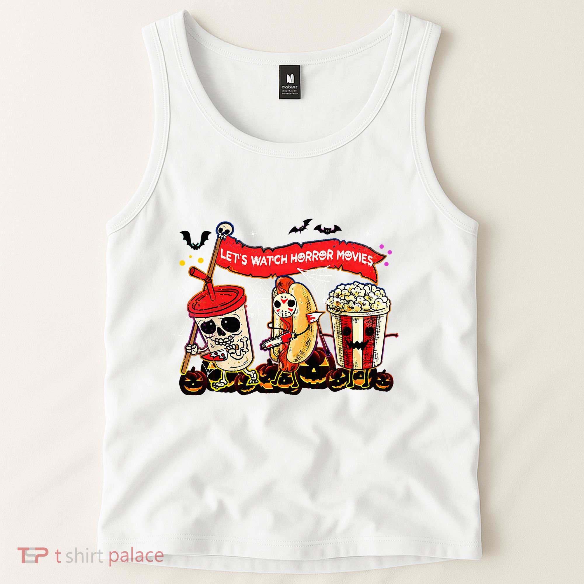 Lets Watch Horror Movies Halloween Funny Ghost Skeleton Tank Top