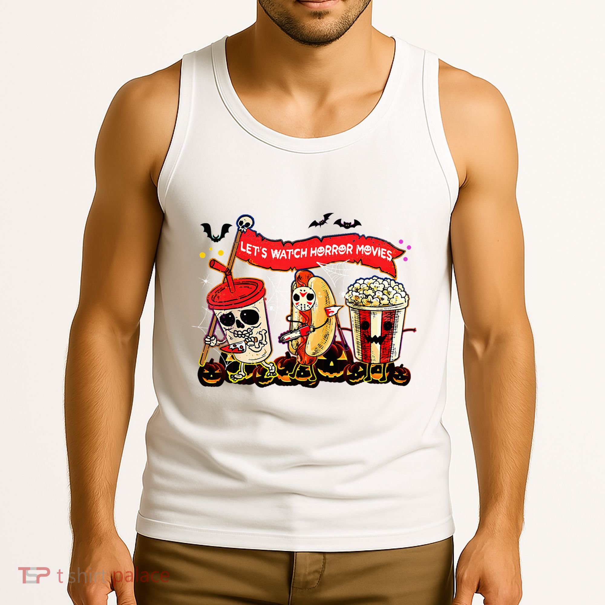 Lets Watch Horror Movies Halloween Funny Ghost Skeleton Tank Top