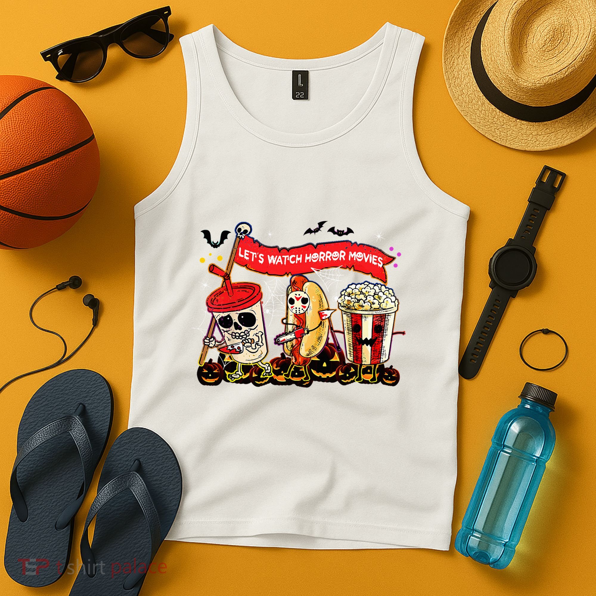 Lets Watch Horror Movies Halloween Funny Ghost Skeleton Tank Top