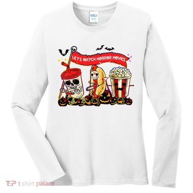 Lets Watch Horror Movies Halloween Funny Ghost Skeleton Women's Long Sleeve Shirt