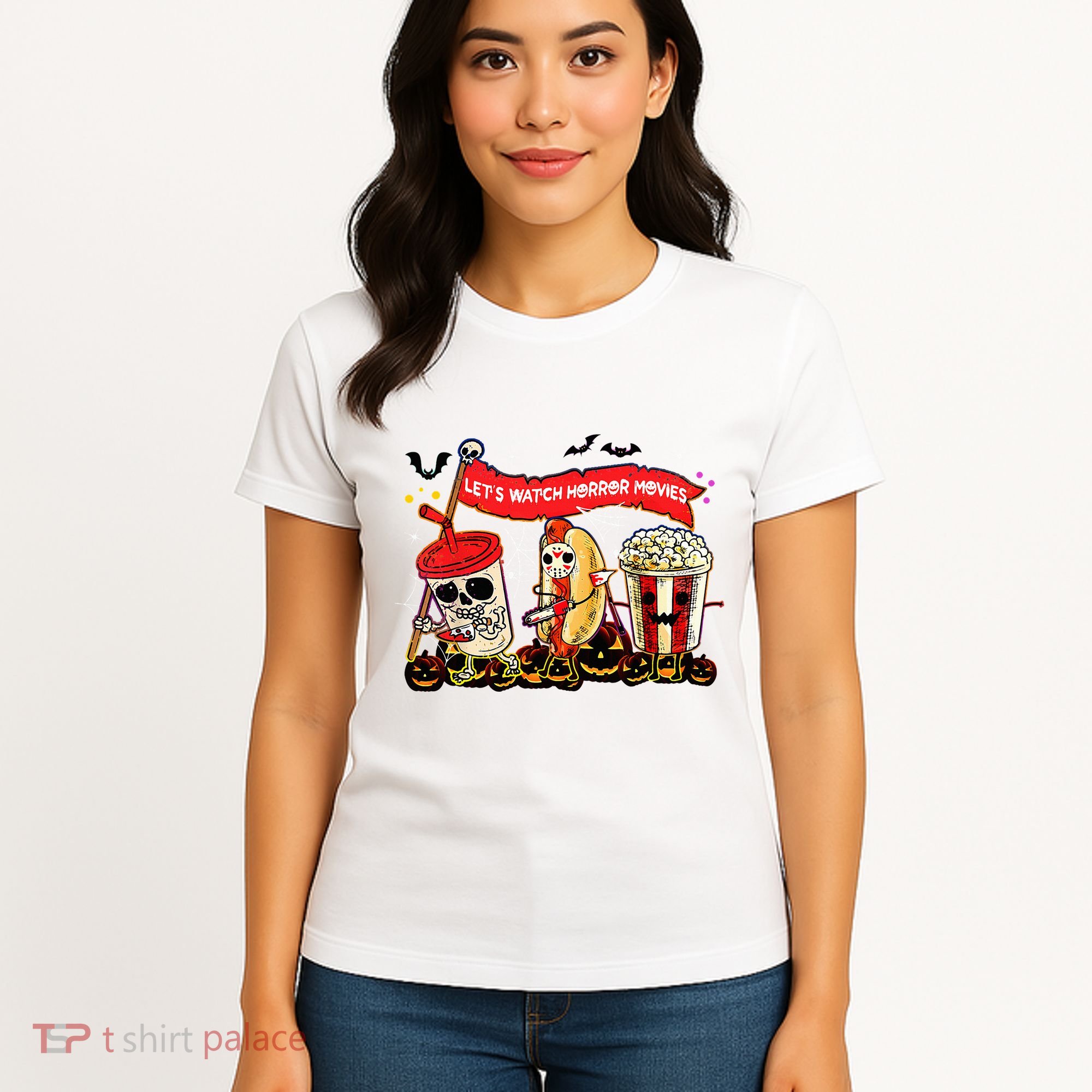 Lets Watch Horror Movies Halloween Funny Ghost Skeleton Women's T-Shirt