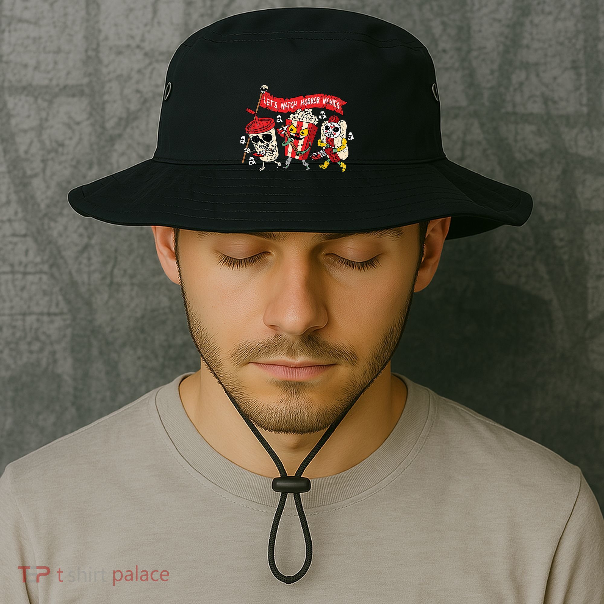 Lets Watch Horror Movies Halloween Funny Ghost Skeleton Bucket Hat