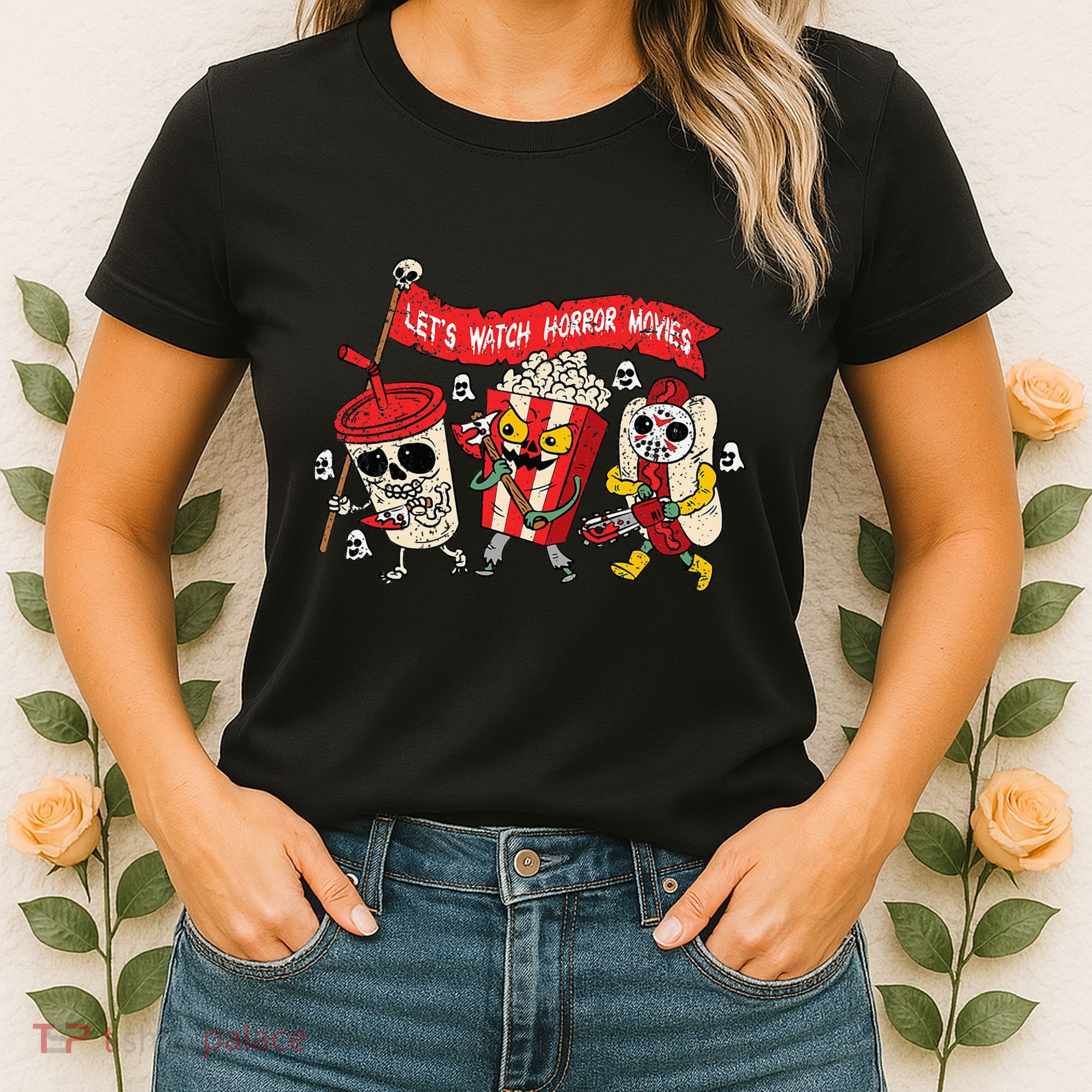 Lets Watch Horror Movies Halloween Funny Ghost Skeleton Women's T-Shirt
