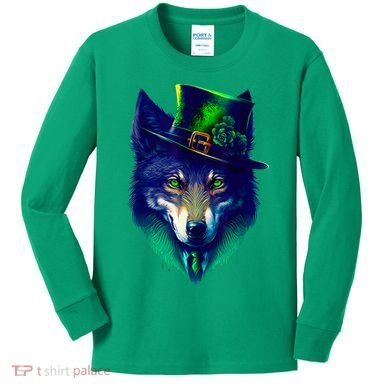 Leprechaun Wolf Irish Wolf Lover St Patrick's Day Kids Long Sleeve Shirt