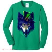 Leprechaun Wolf Irish Wolf Lover St Patrick's Day Kids Long Sleeve Shirt thumb 0