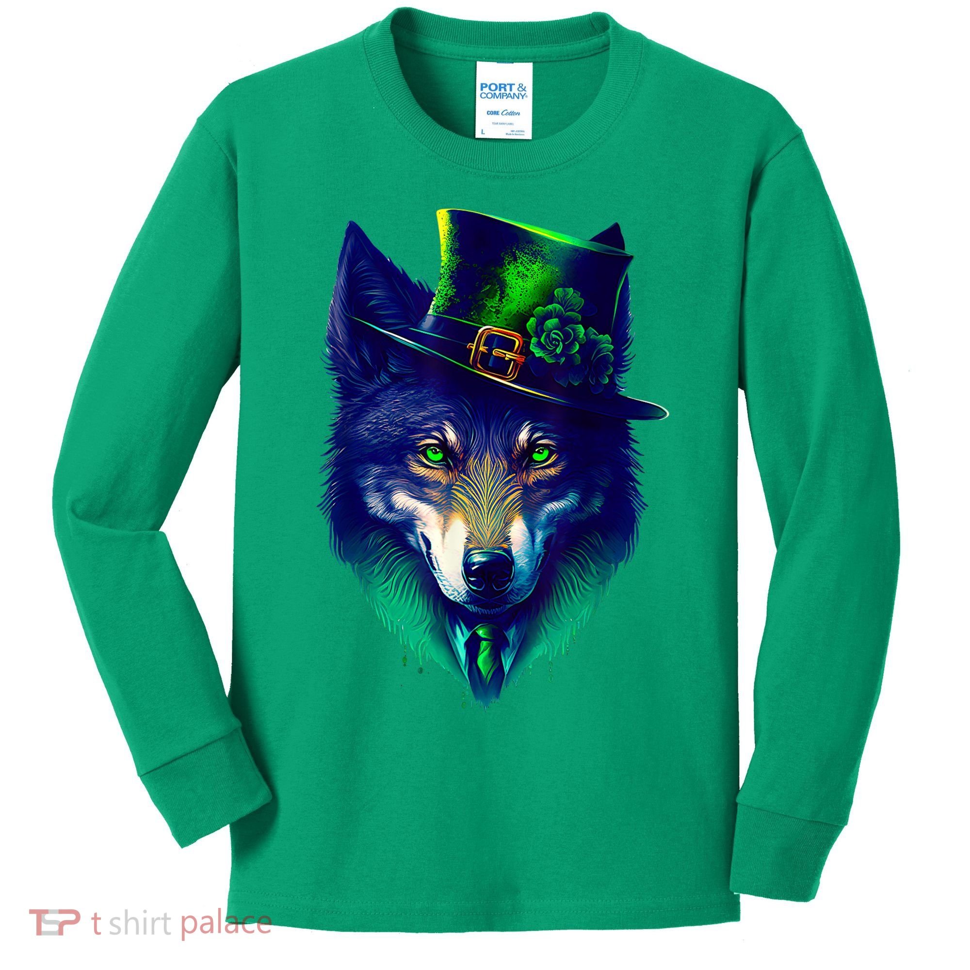 Leprechaun Wolf Irish Wolf Lover St Patrick's Day Kids Long Sleeve Shirt