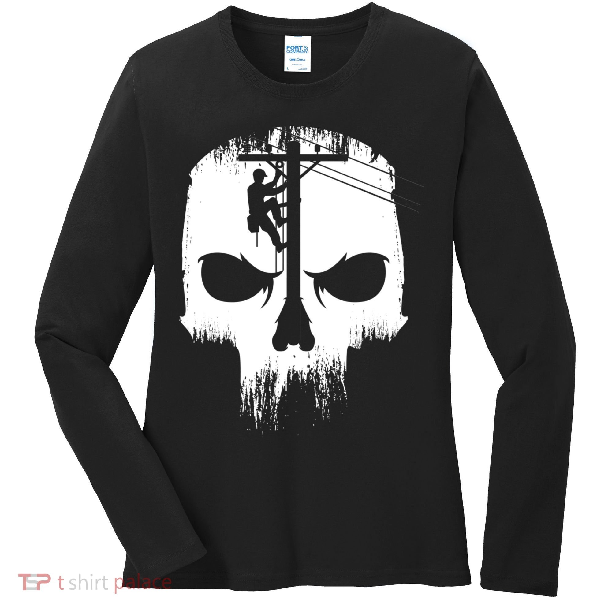 Lineman Worker Journeyman Skull Line Man Patriotic Labor Day Women's Long Sleeve Shirt
