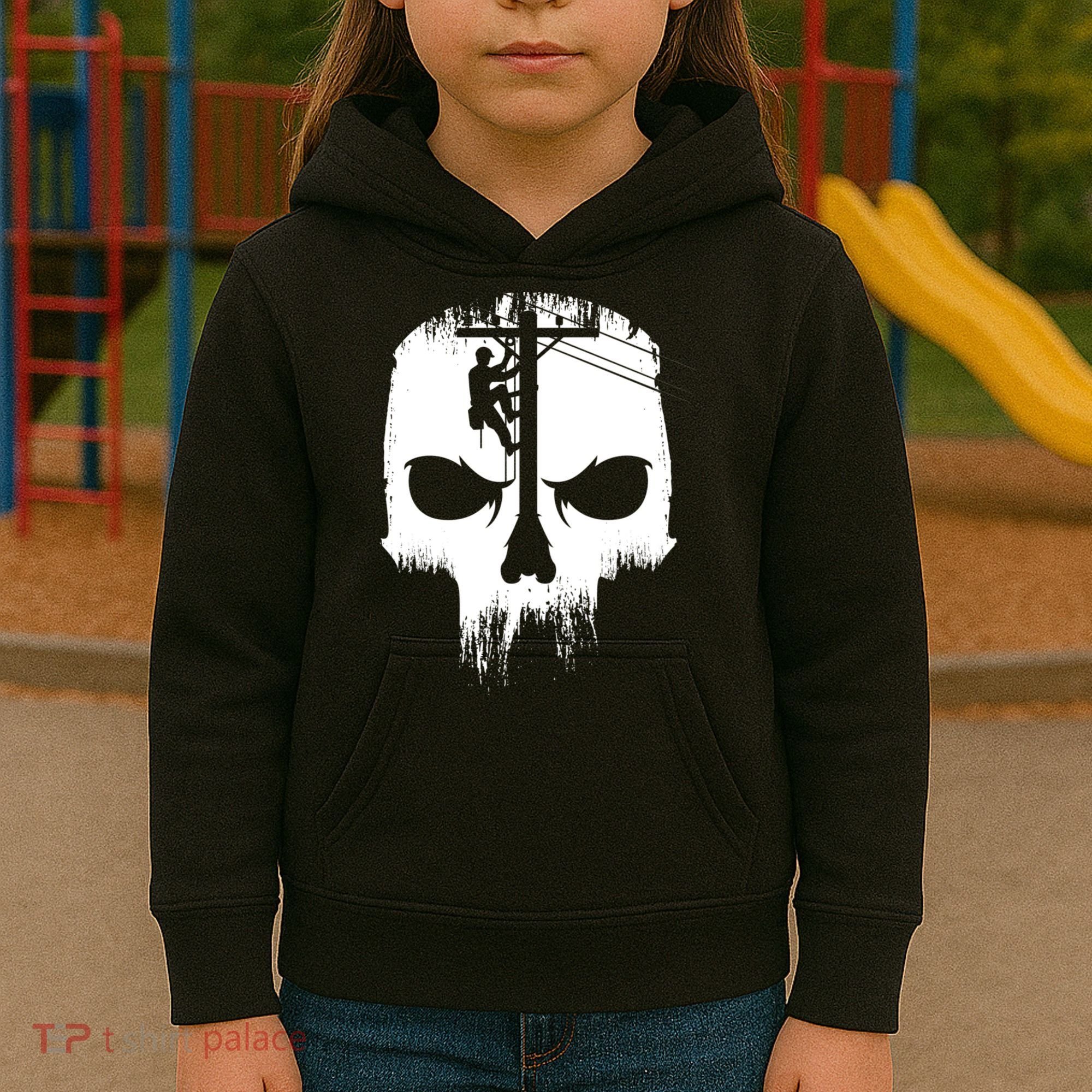 Lineman Worker Journeyman Skull Line Man Patriotic Labor Day Kids Hoodie