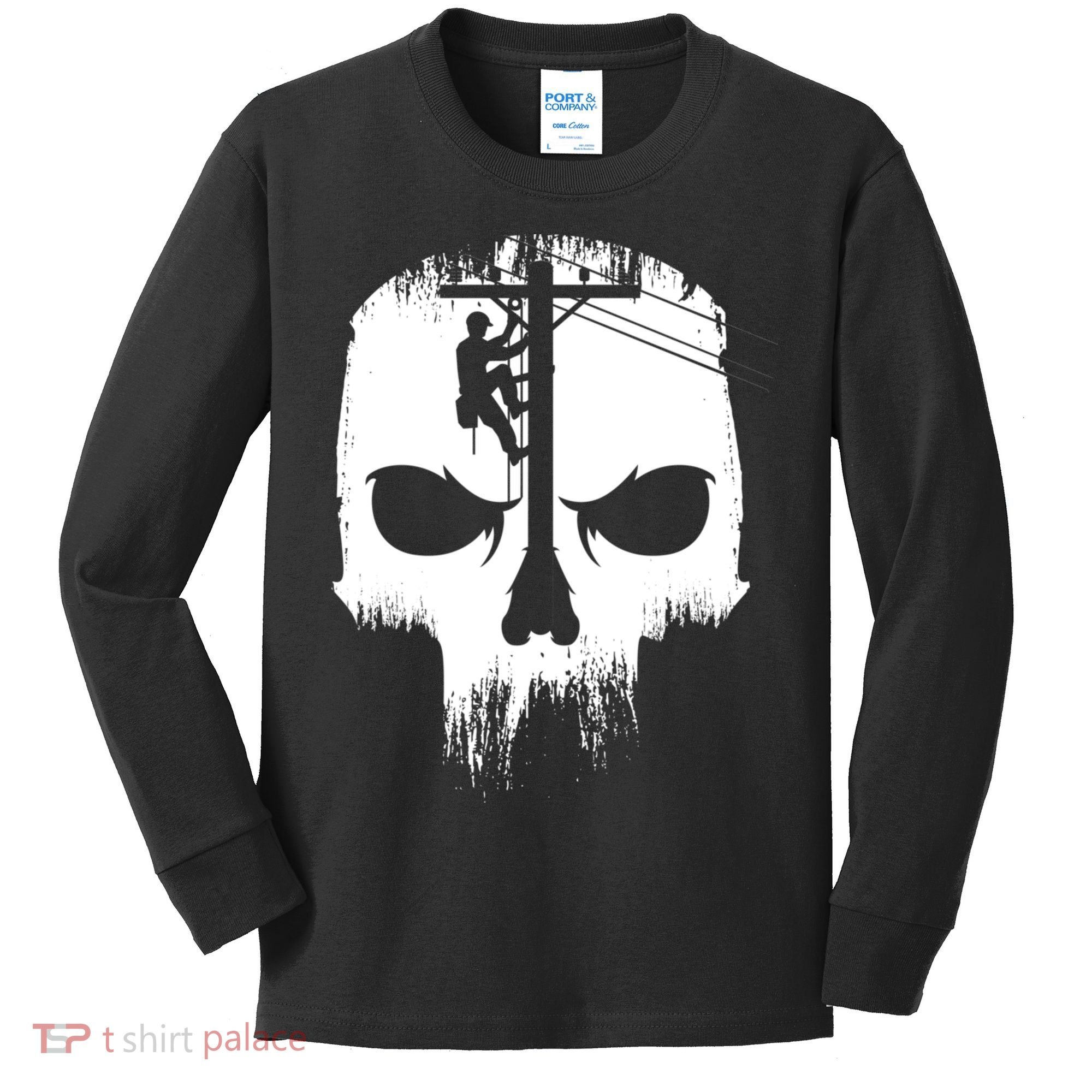 Lineman Worker Journeyman Skull Line Man Patriotic Labor Day Kids Long Sleeve Shirt
