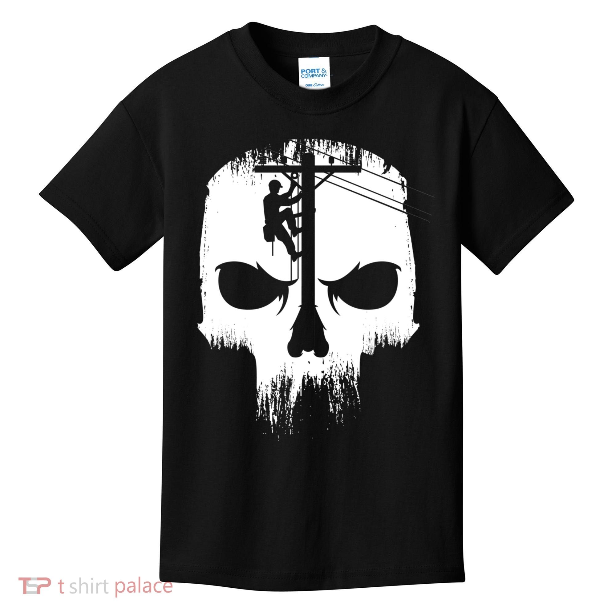 Lineman Worker Journeyman Skull Line Man Patriotic Labor Day Kids T-Shirt