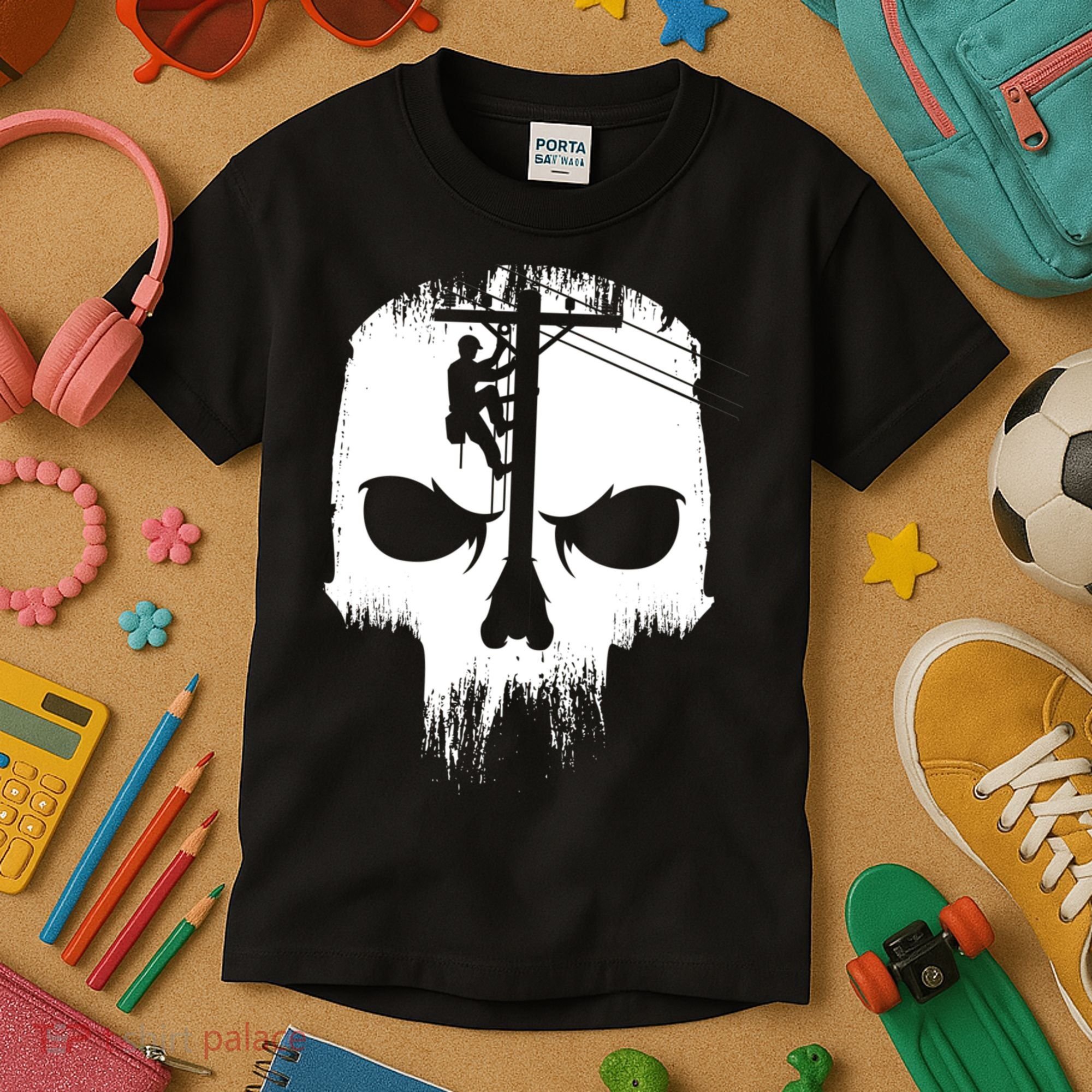 Lineman Worker Journeyman Skull Line Man Patriotic Labor Day Kids T-Shirt