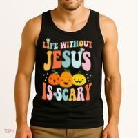 Life Without Jesus Is Scary Fun Halloween Pumpkin Christian Catholic Tank Top thumb 3