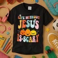 Life Without Jesus Is Scary Fun Halloween Pumpkin Christian Catholic Kids T-Shirt thumb 3