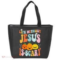 Life Without Jesus Is Scary Fun Halloween Pumpkin Christian Catholic Tote Bag thumb 0