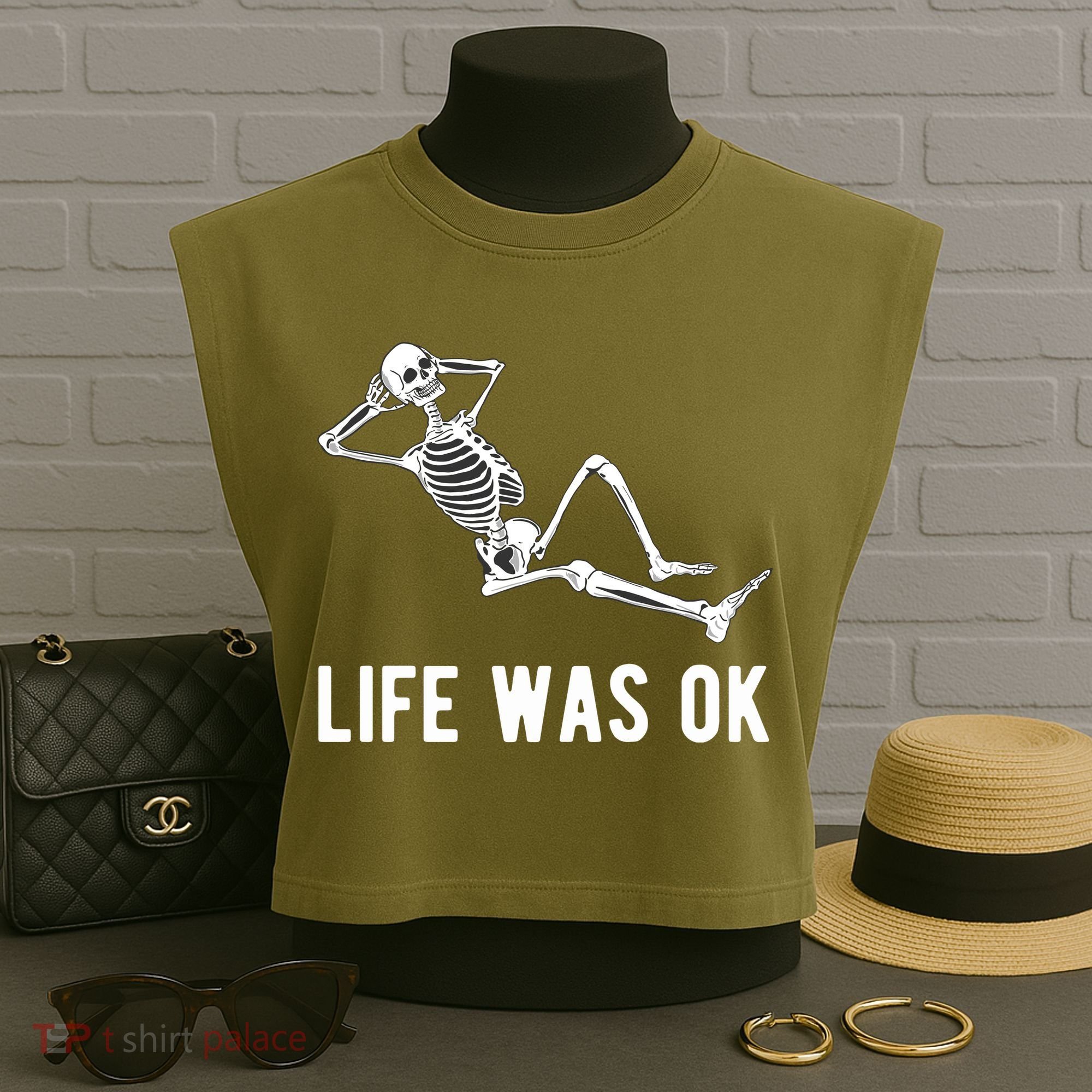 Life Was Ok Funny Dead Skeleton Garment-Dyed Women's Muscle Tee