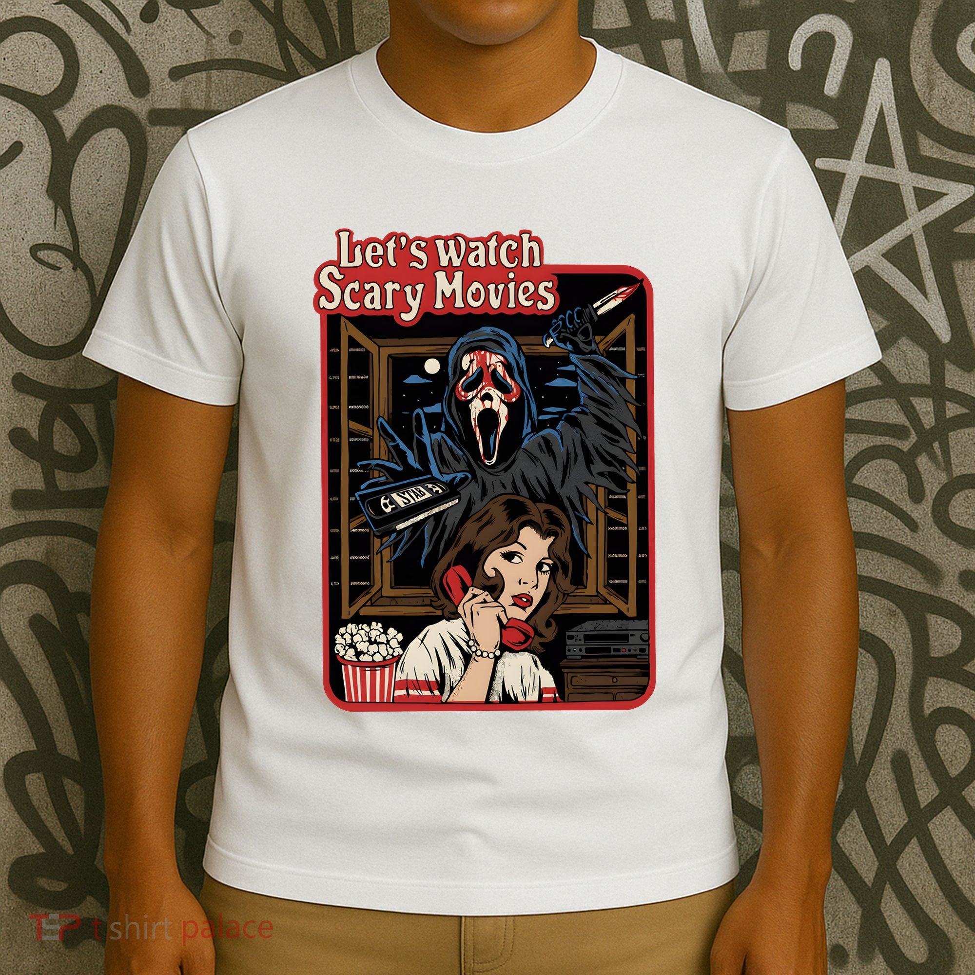 Lets Watch Scary Movie Halloween Ghostface Retro T-Shirt