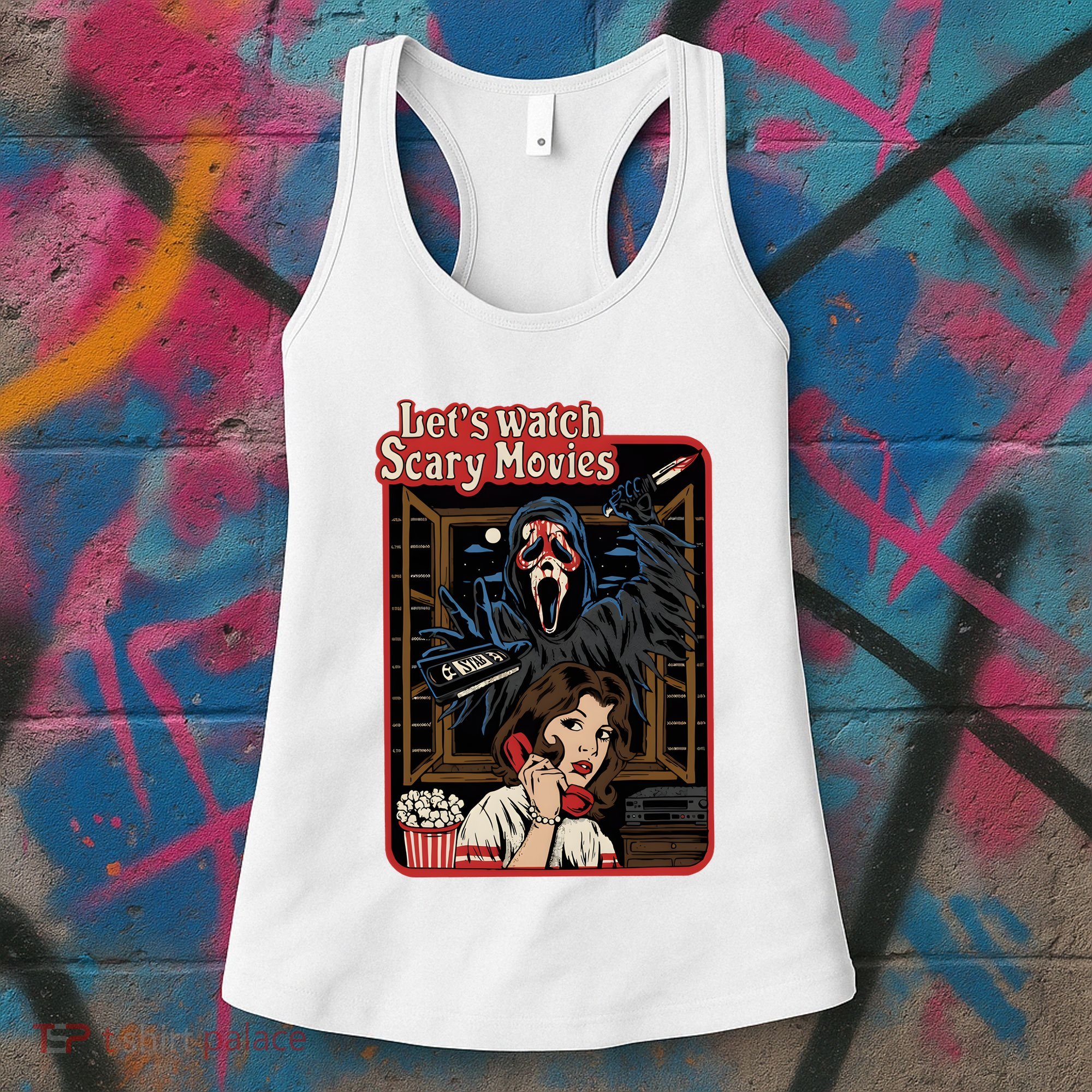 Lets Watch Scary Movie Halloween Ghostface Retro Women's Tank Top