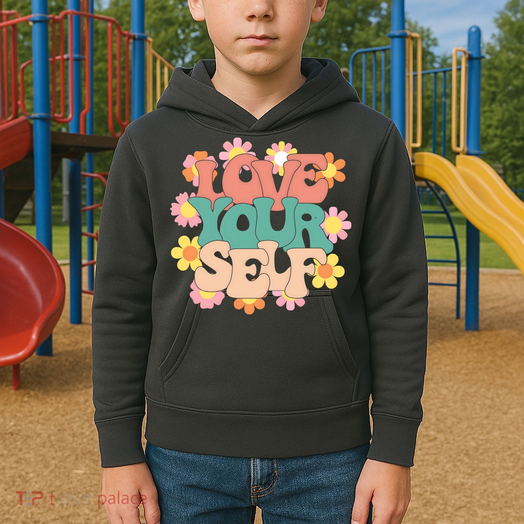 Love Yourself Floral Positive Quote Kids Hoodie