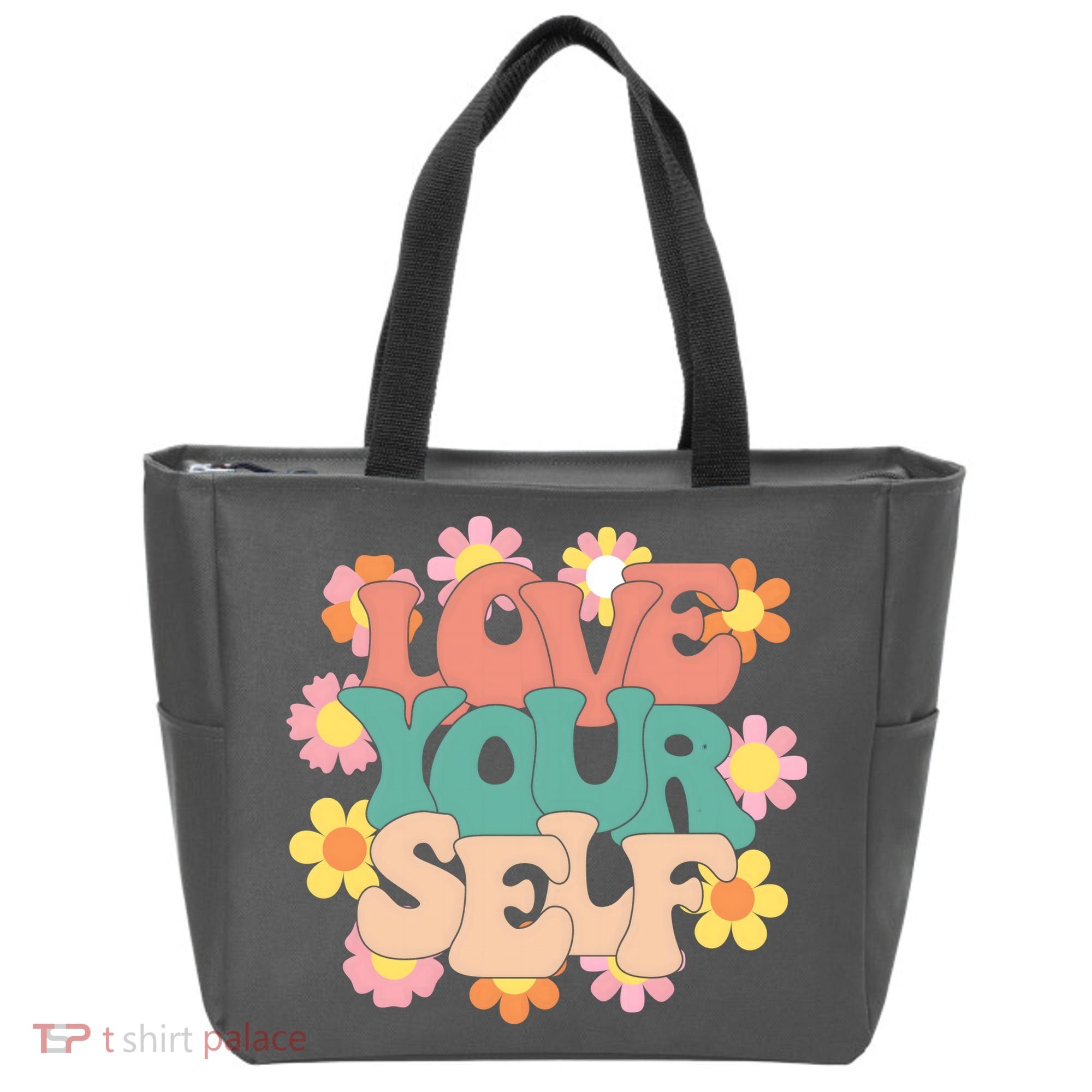Love Yourself Floral Positive Quote Tote Bag