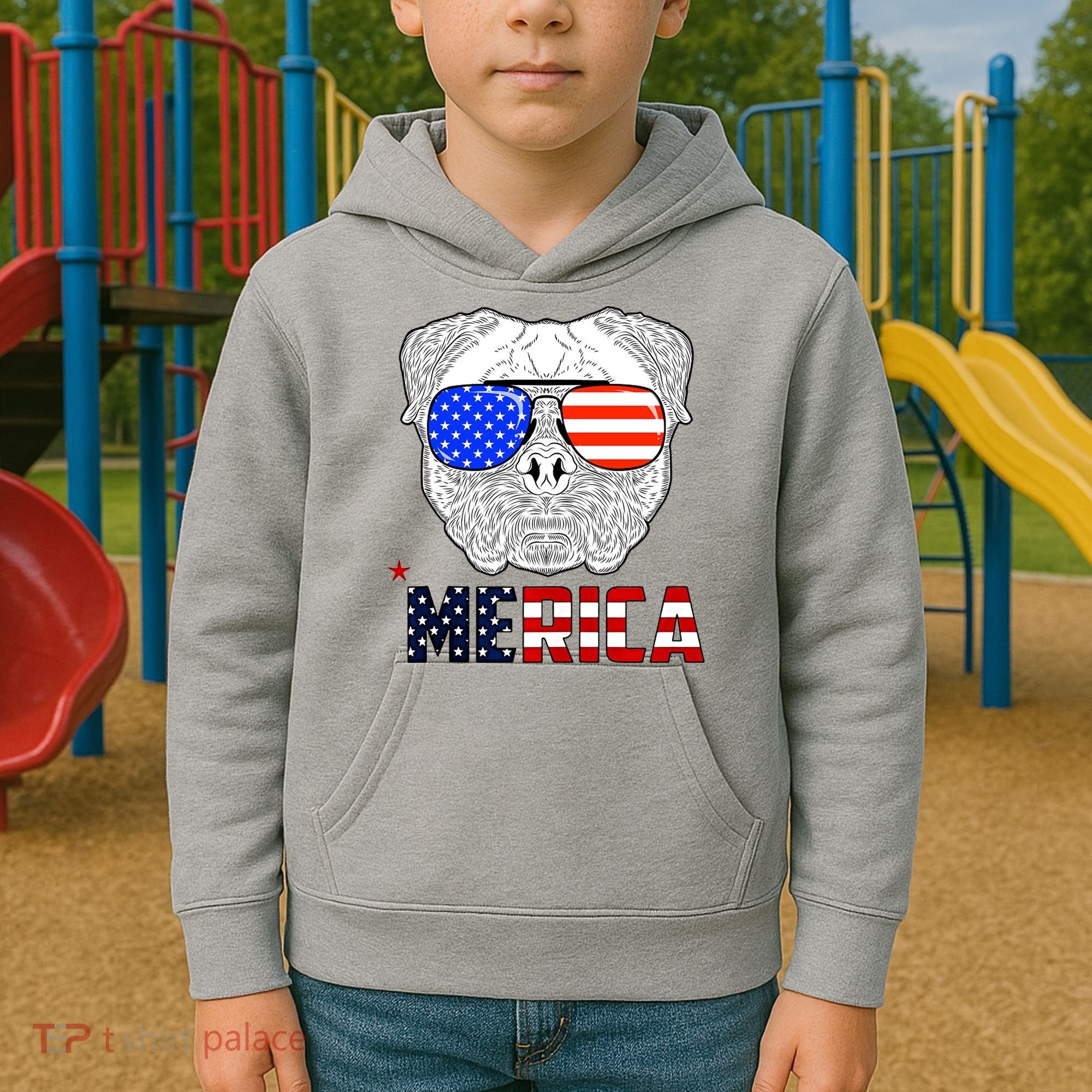Merica 4th Of July Cool Bulldog Funny Kids Hoodie