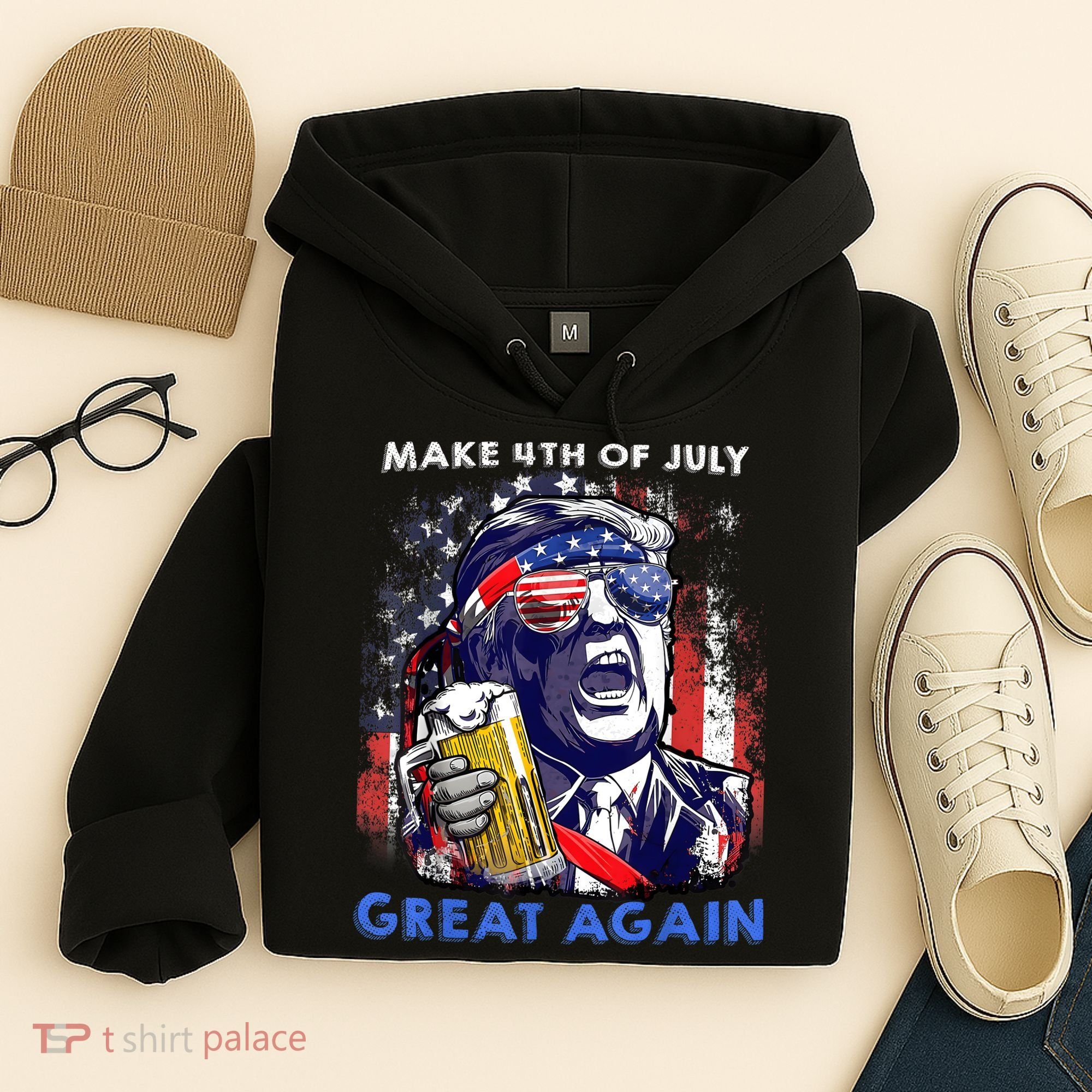Make 4th Of July Great Again Funny Trump Drinking Beer Hoodie