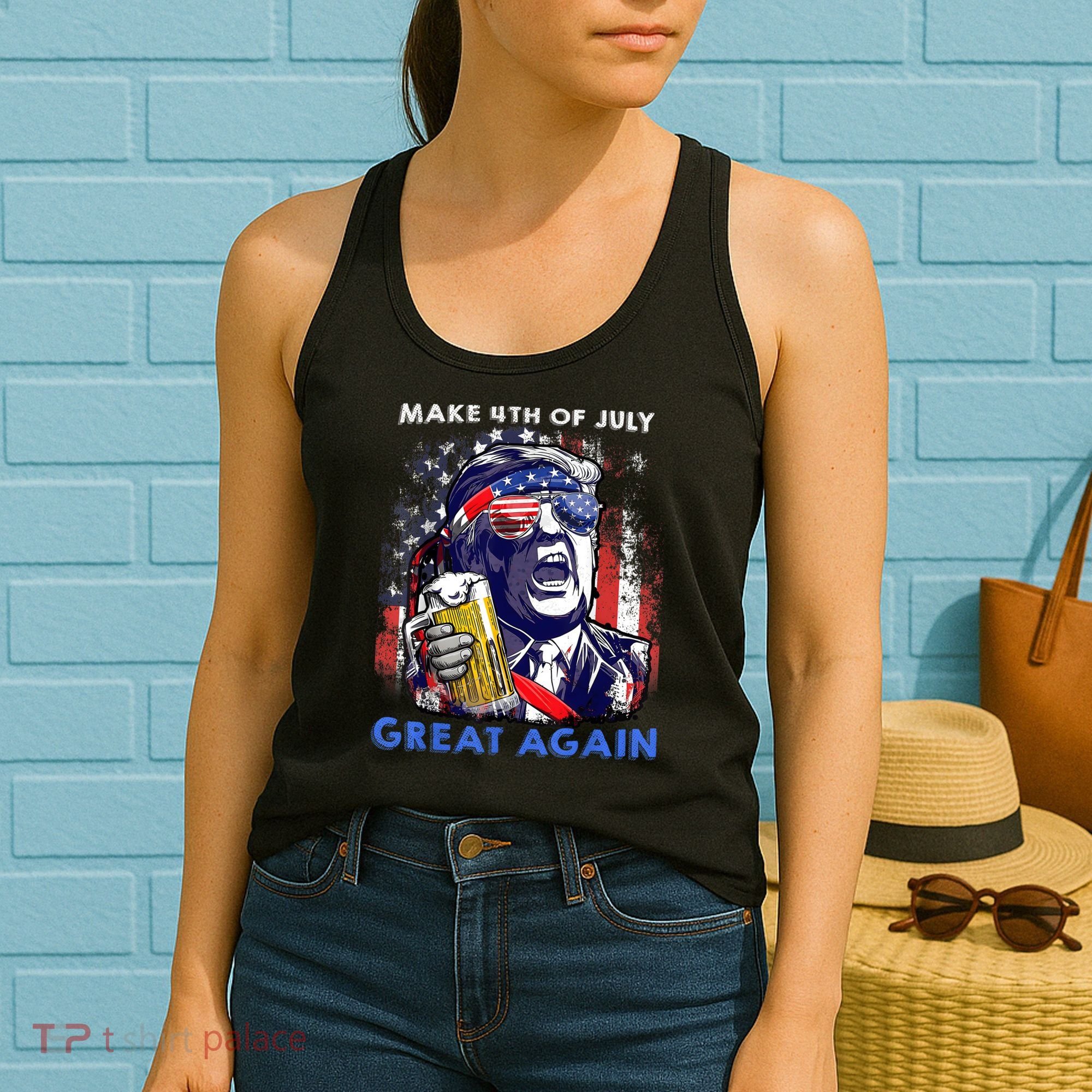 Make 4th Of July Great Again Funny Trump Drinking Beer Women's Tank Top