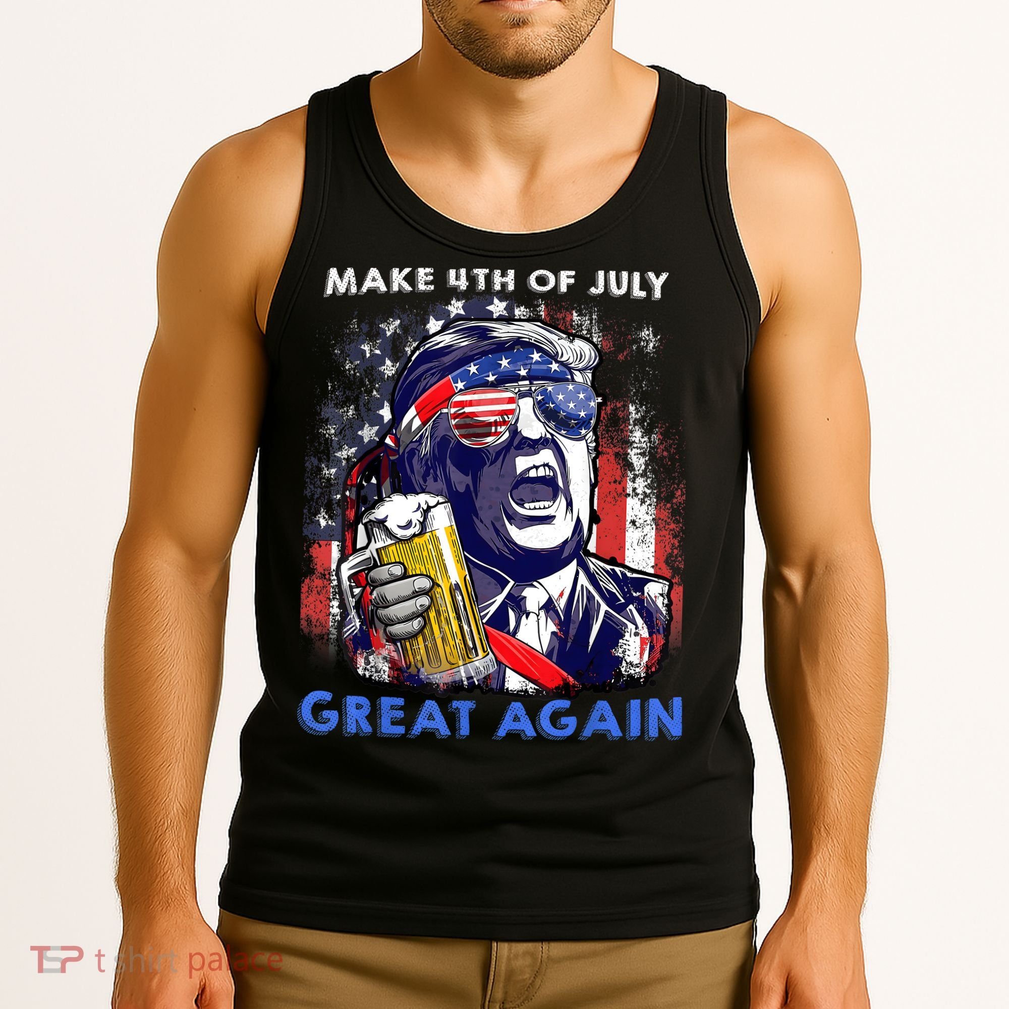 Make 4th Of July Great Again Funny Trump Drinking Beer Tank Top