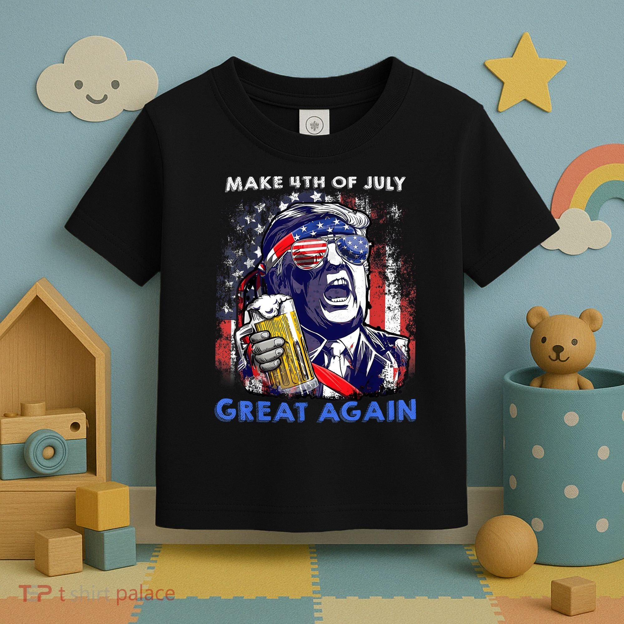 Make 4th Of July Great Again Funny Trump Drinking Beer Toddler T-Shirt
