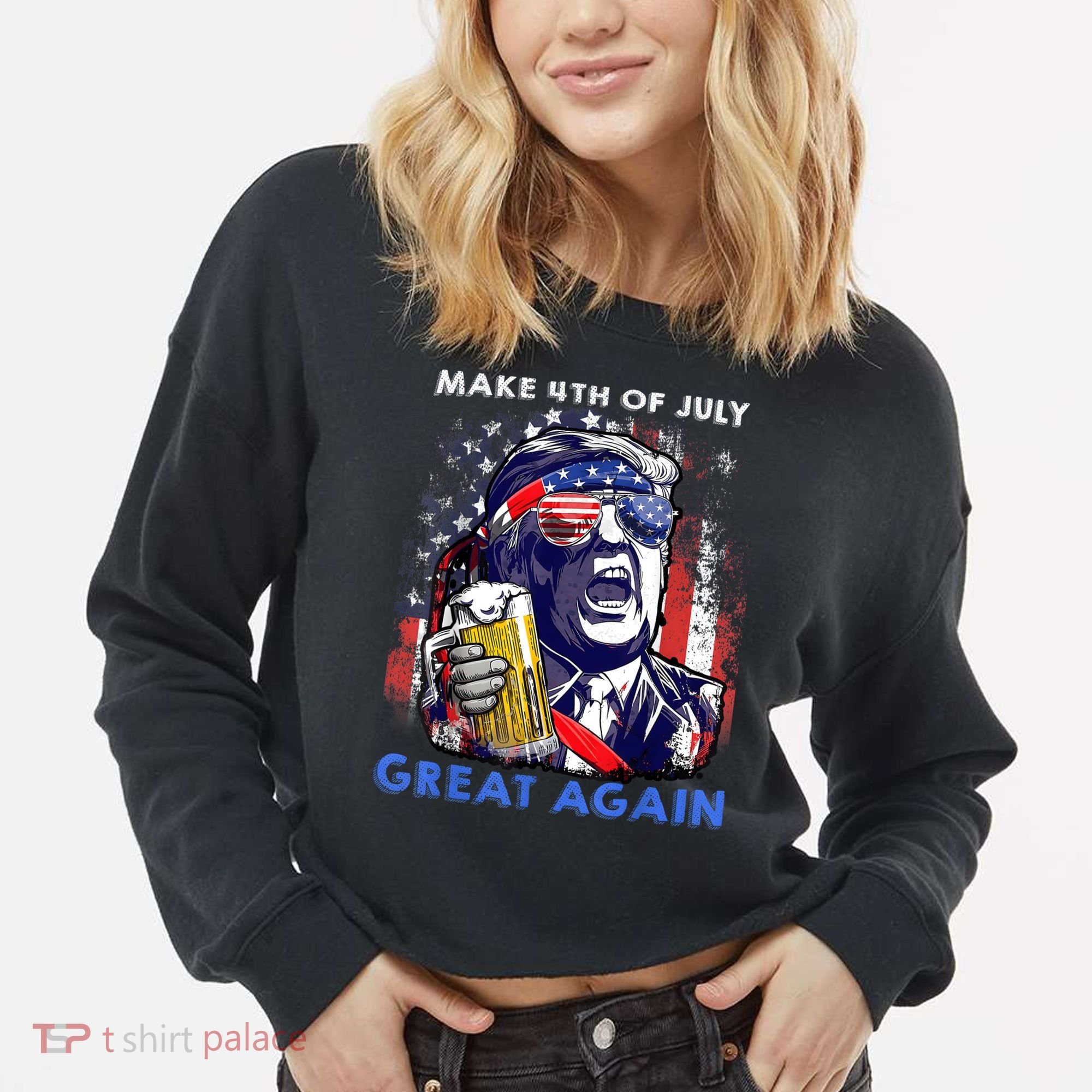 Make 4th Of July Great Again Funny Trump Drinking Beer Cropped Pullover Crew