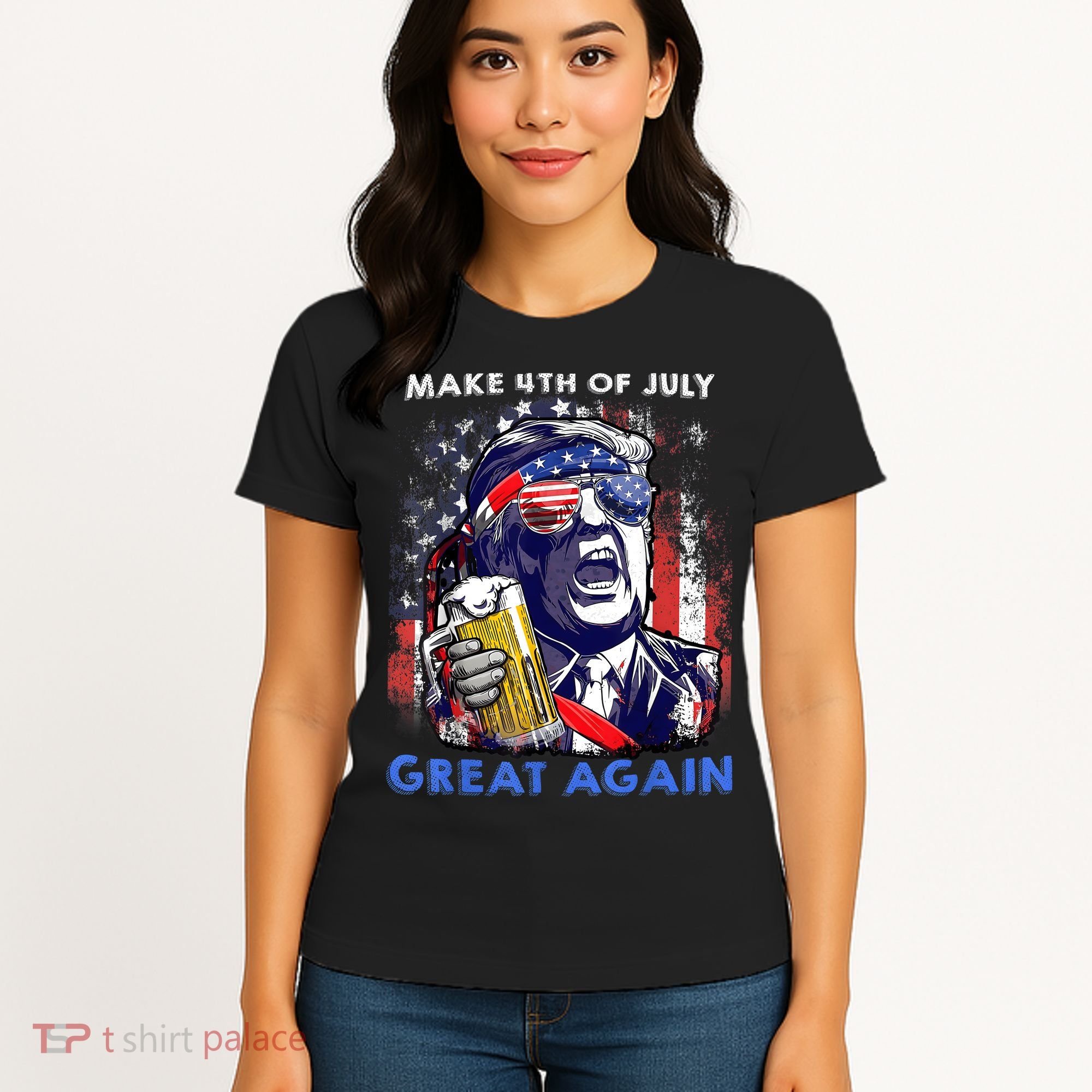 Make 4th Of July Great Again Funny Trump Drinking Beer Women's T-Shirt
