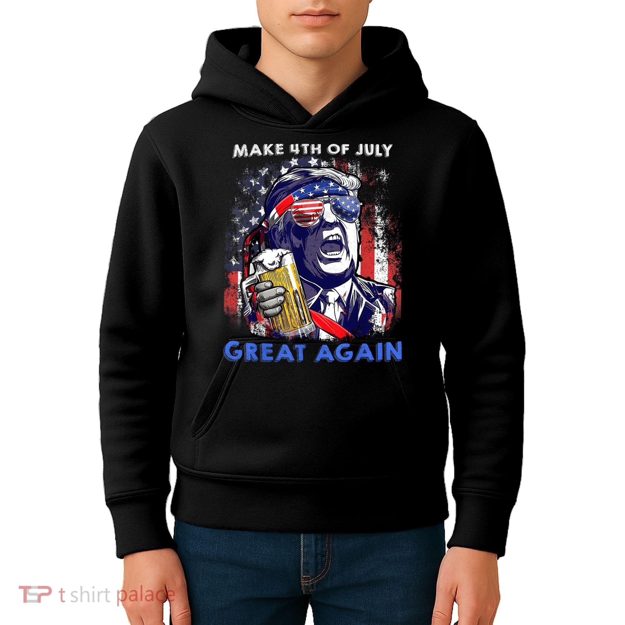 Make 4th Of July Great Again Funny Trump Drinking Beer Kids Hoodie