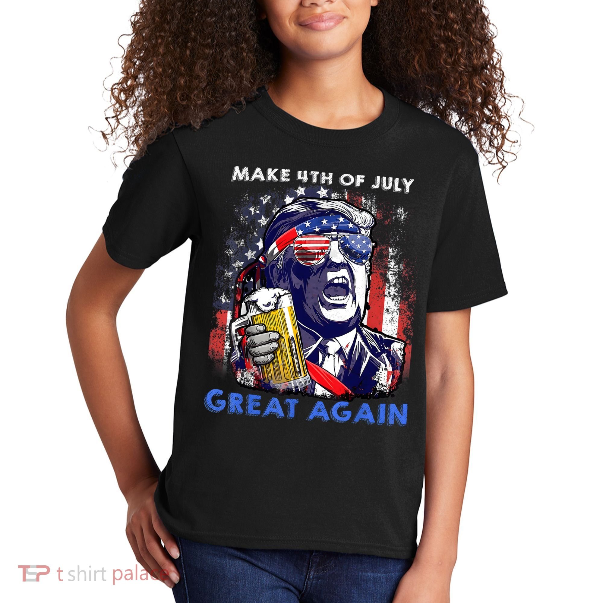 Make 4th Of July Great Again Funny Trump Drinking Beer Kids T-Shirt