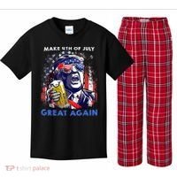 Make 4th Of July Great Again Funny Trump Drinking Beer Kids Plaid Pajama Set thumb 0
