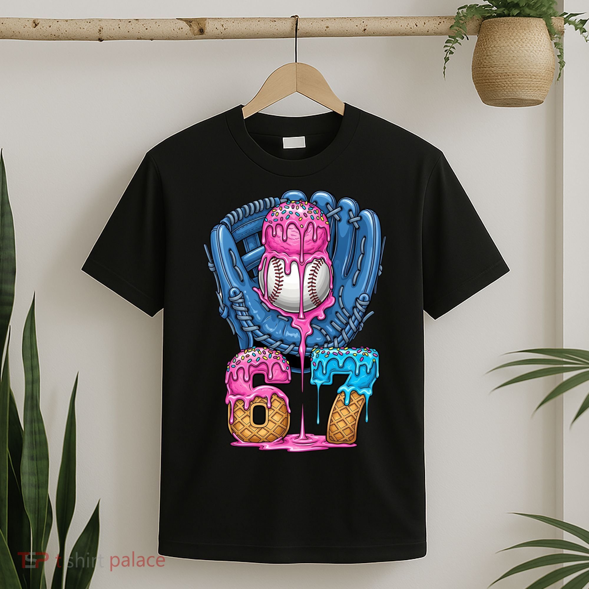 Meme 67 Gen Alpha Slang Ice Cream Drip Baseball Glove T-Shirt