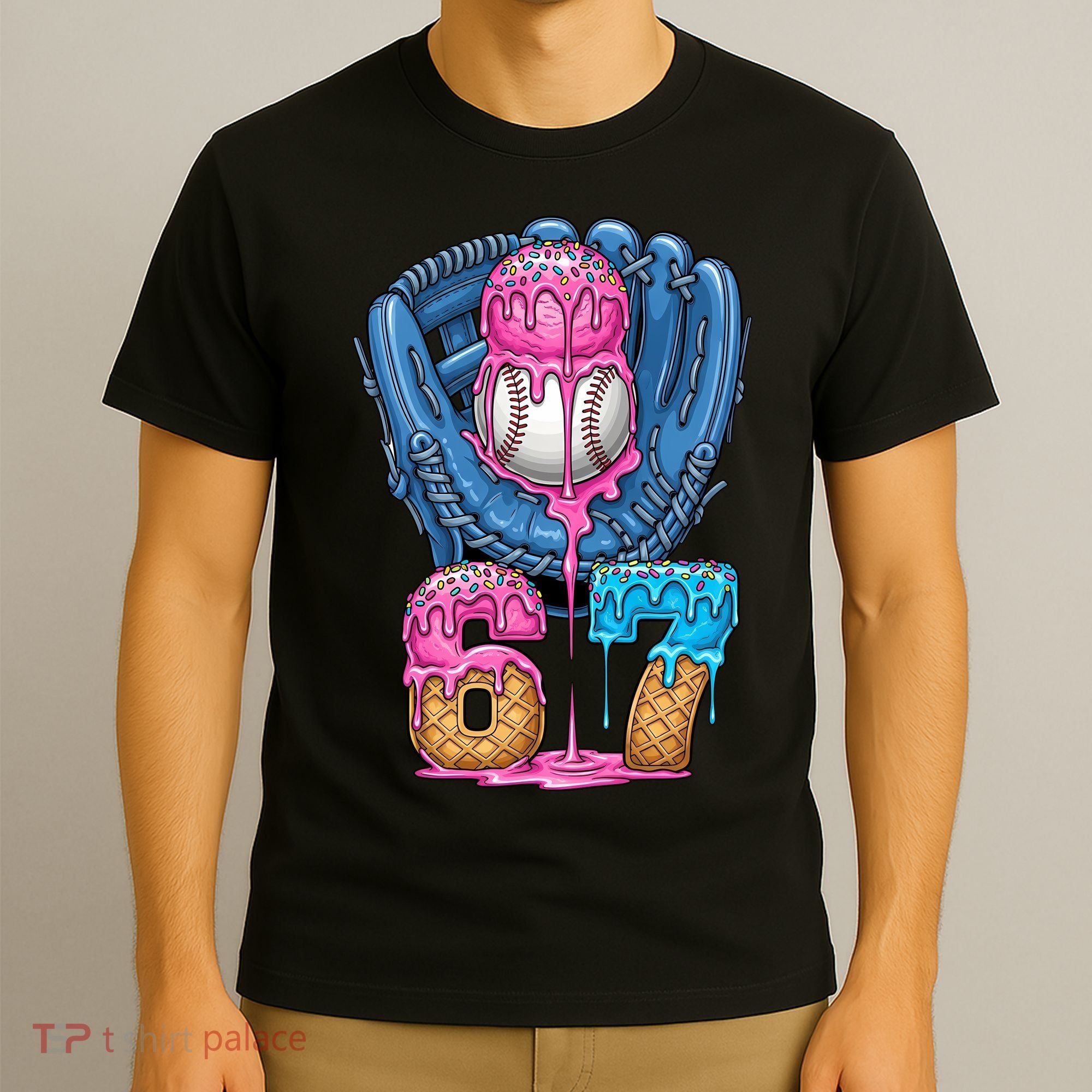 Meme 67 Gen Alpha Slang Ice Cream Drip Baseball Glove T-Shirt