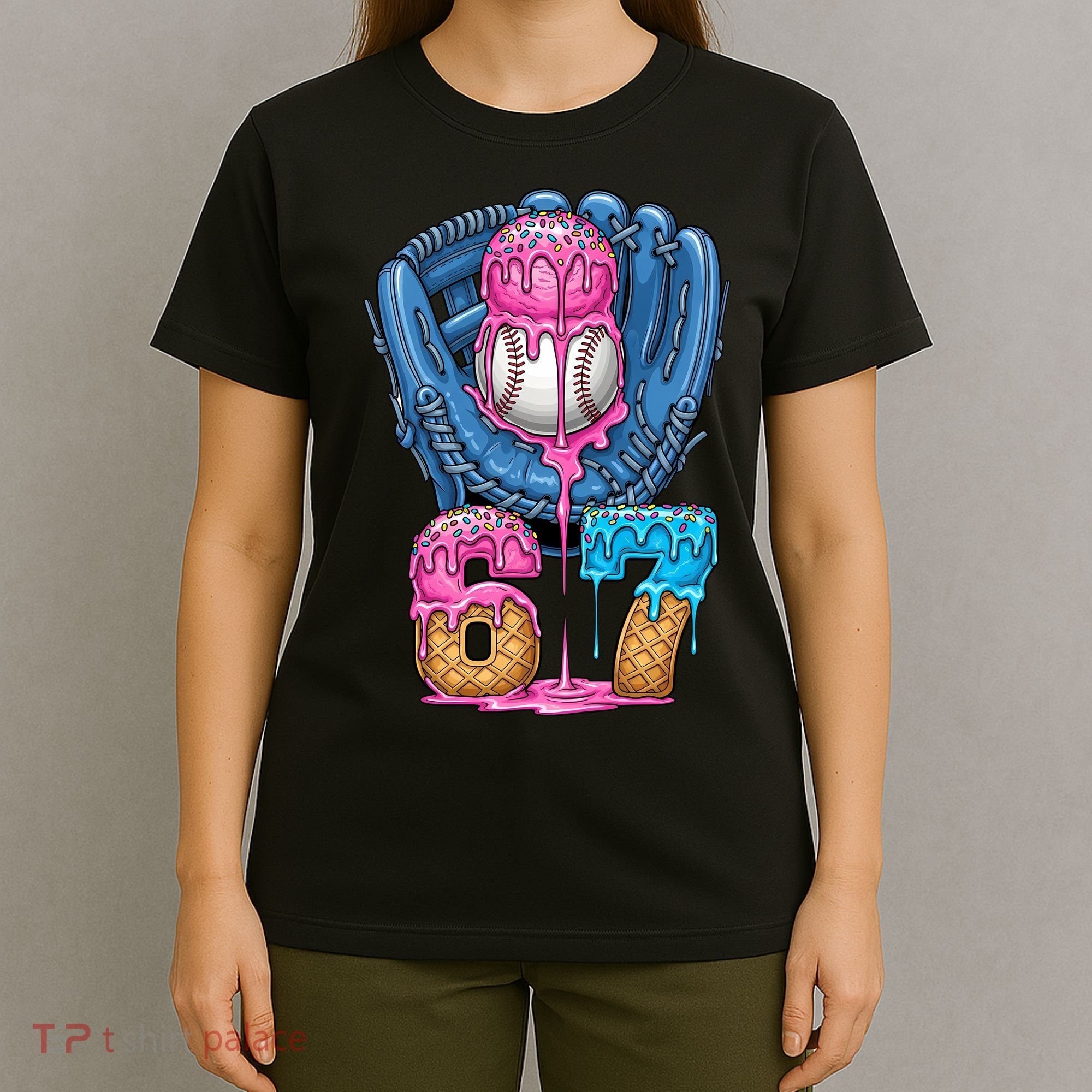 Meme 67 Gen Alpha Slang Ice Cream Drip Baseball Glove T-Shirt