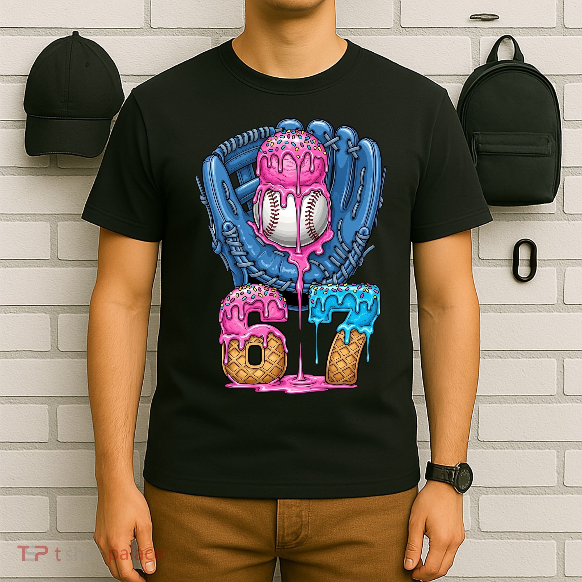 Meme 67 Gen Alpha Slang Ice Cream Drip Baseball Glove T-Shirt