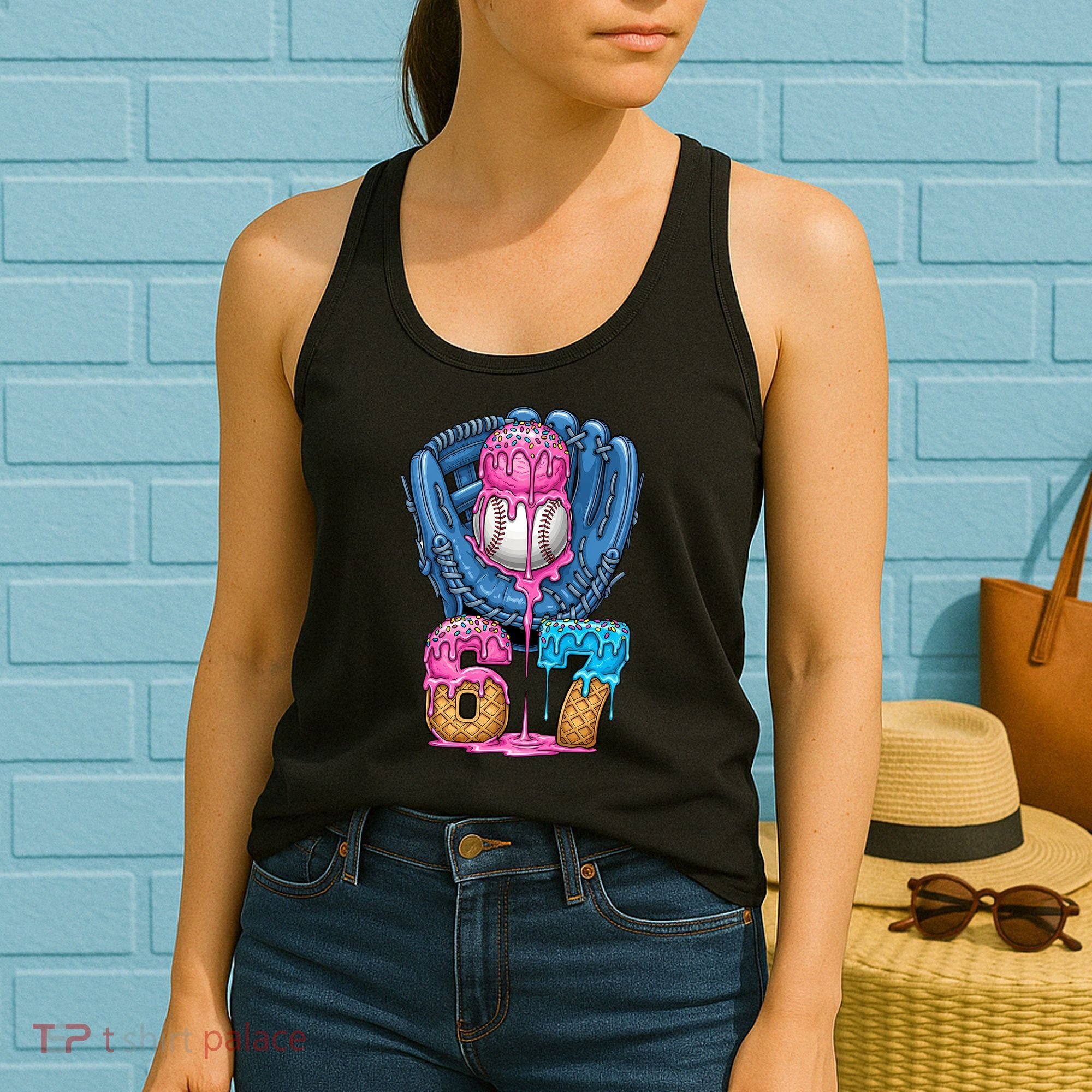 Meme 67 Gen Alpha Slang Ice Cream Drip Baseball Glove Women's Tank Top