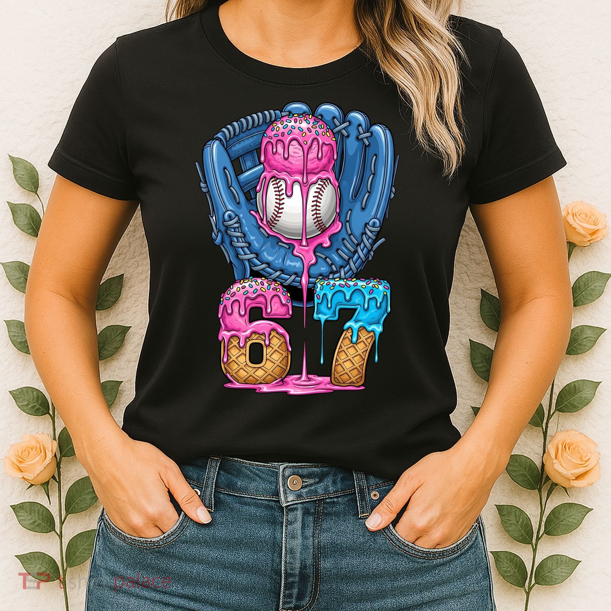 Meme 67 Gen Alpha Slang Ice Cream Drip Baseball Glove Women's T-Shirt