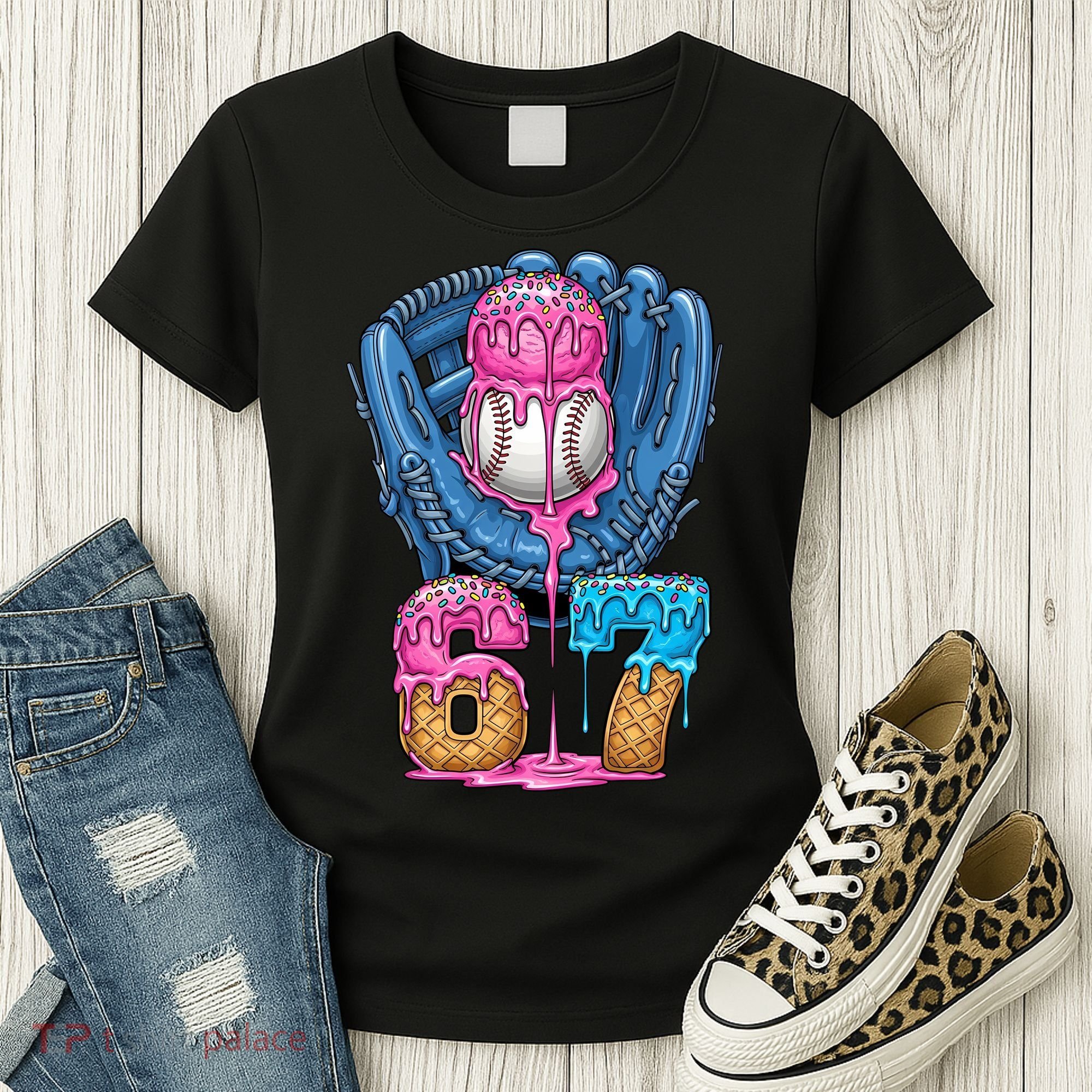 Meme 67 Gen Alpha Slang Ice Cream Drip Baseball Glove Women's T-Shirt