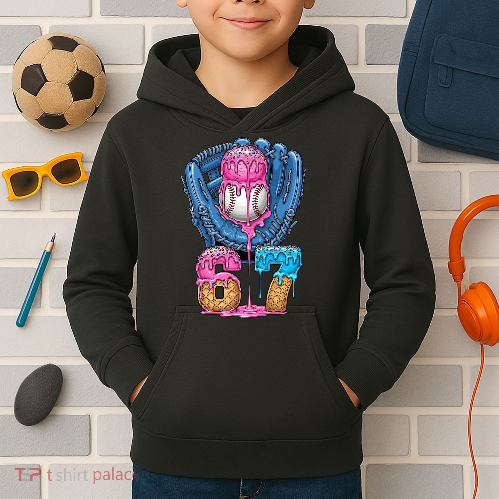 Meme 67 Gen Alpha Slang Ice Cream Drip Baseball Glove Kids Hoodie