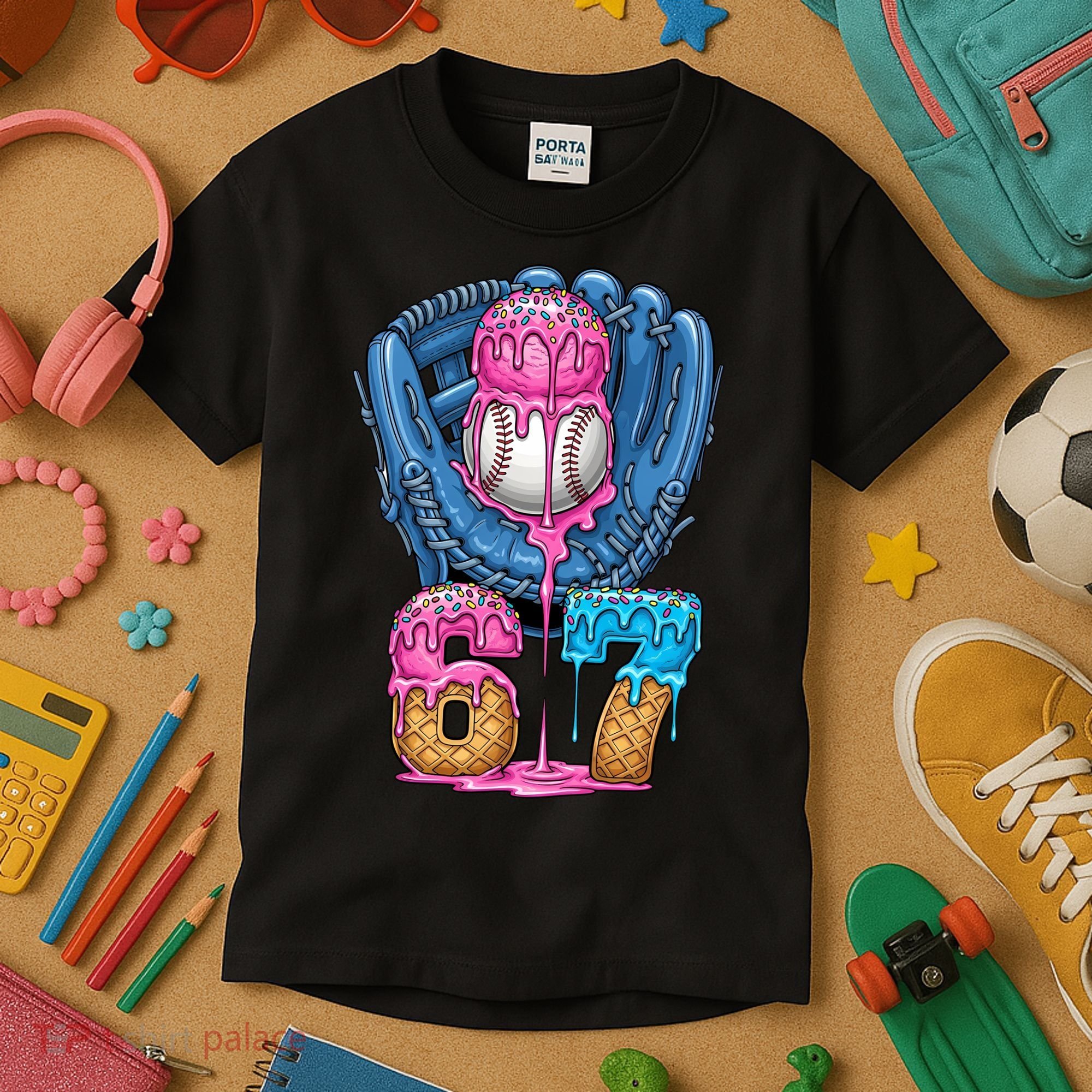 Meme 67 Gen Alpha Slang Ice Cream Drip Baseball Glove Kids T-Shirt