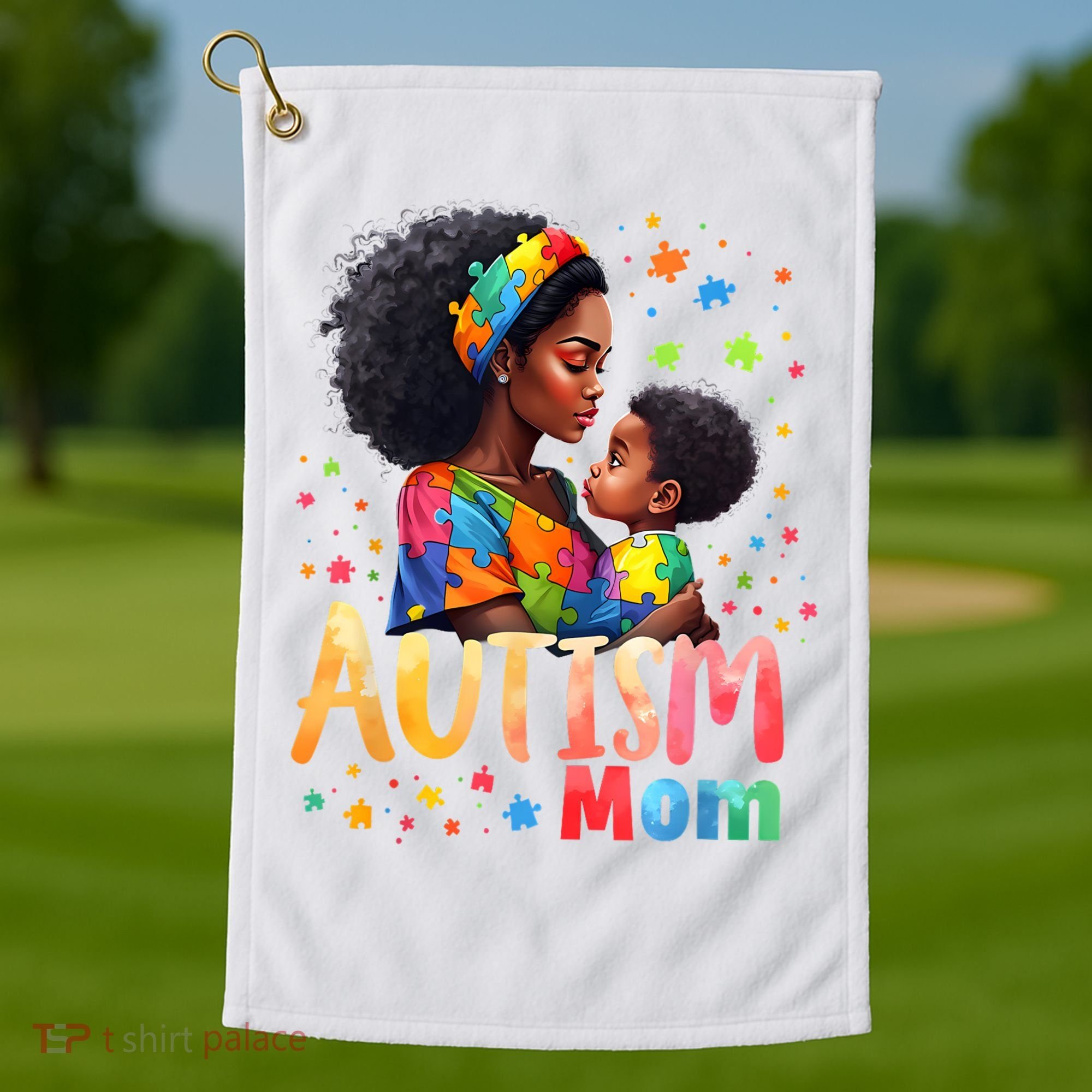 Mom Afro Autism Awareness Mama Black Autism Golf Towel